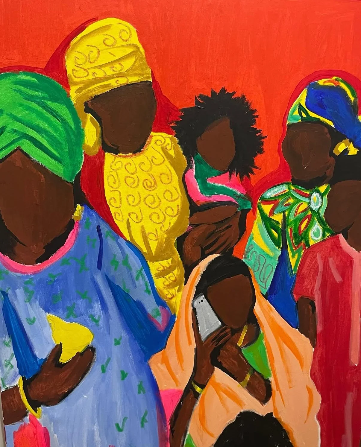 A colorful painting of six women with dark skin, dressed in vibrant African-inspired clothing and headwraps, against an orange background. One woman is holding a phone, and the others are standing or sitting together.