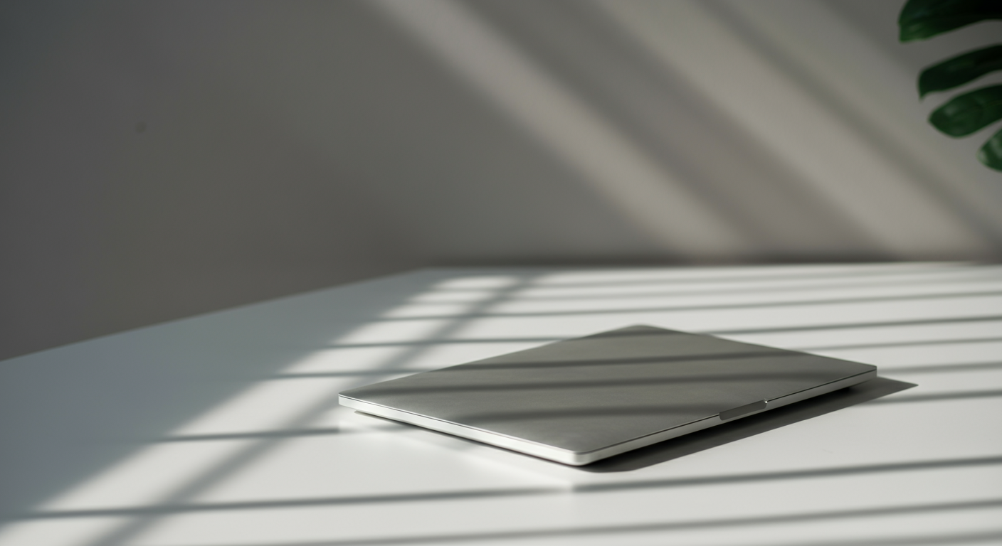 A closed silver laptop on a white surface, with shadows of window blinds cast across the scene and a green leaf in the upper right corner.