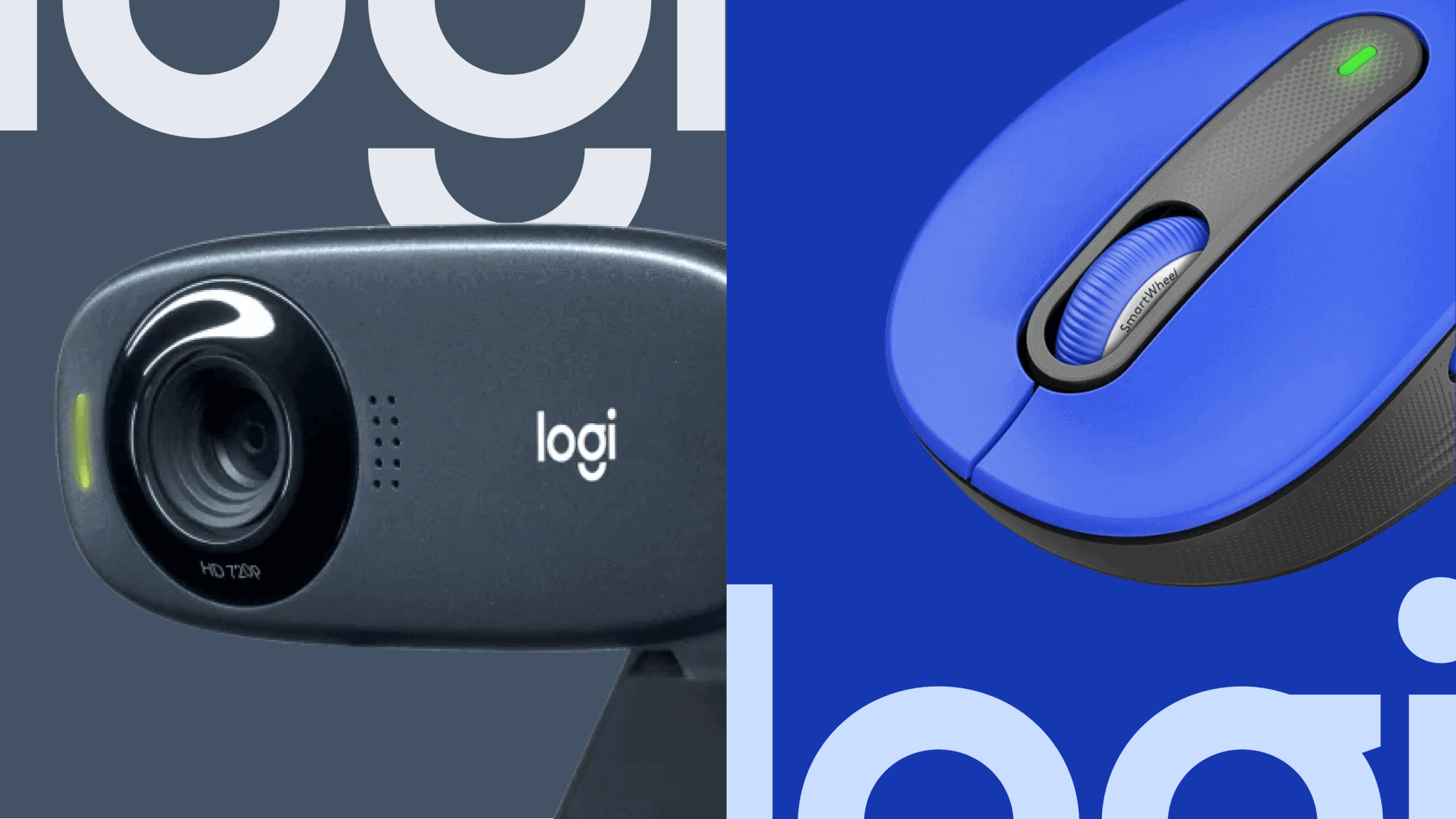 A side-by-side comparison of a Logitech webcam and a wireless computer mouse, with a blue background on the right and a dark background on the left.