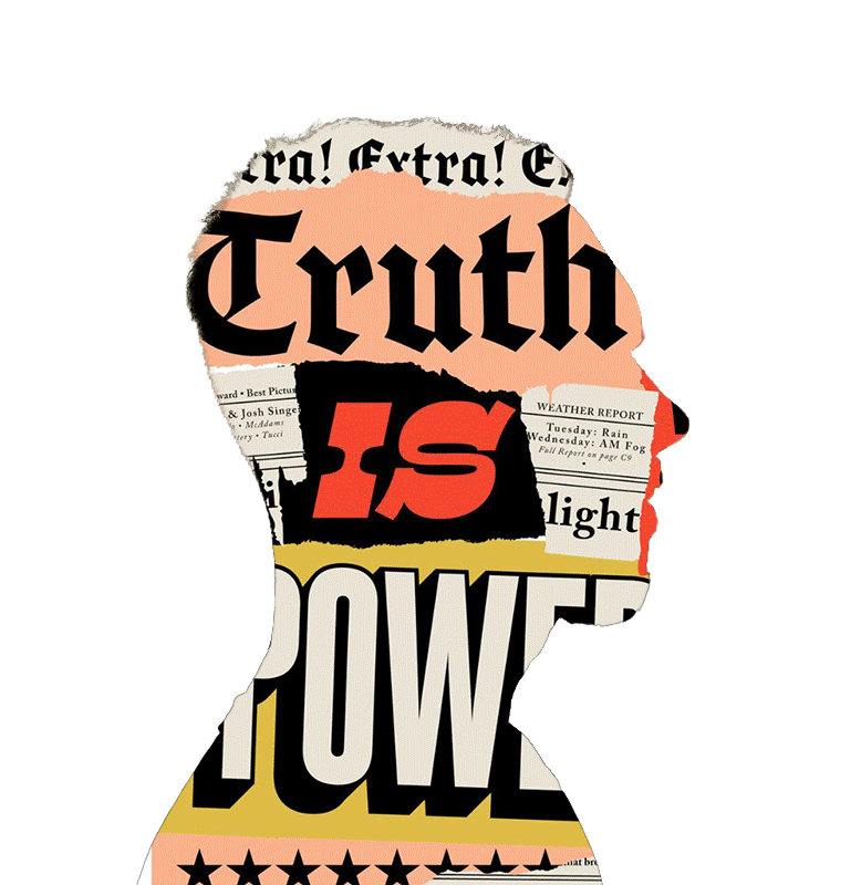 Silhouette of a person filled with cut-out newspaper headlines and articles, including words like "Truth," "Power," and "Is".