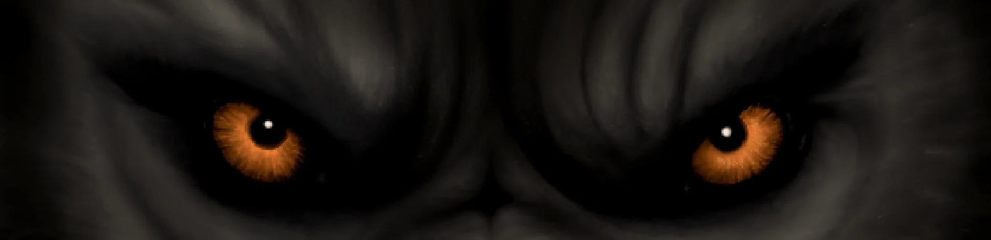 Close-up of a black cat's intense orange eyes in a dark environment.