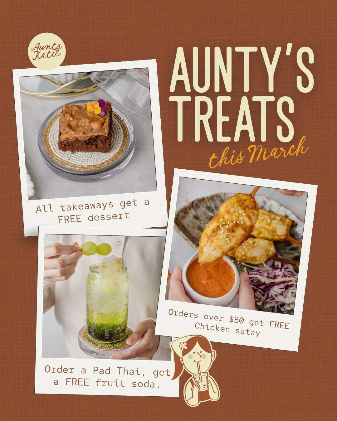 A little treat from Aunty Katie. Because she loves spoiling you! Just our way of saying thank you for your support 🤎⁠
⁠
&bull; All takeaway orders get a FREE dessert⁠
⁠
&bull; Spend over $50 and enjoy FREE satay chicken⁠
⁠
&bull; Order a Pad Thai an