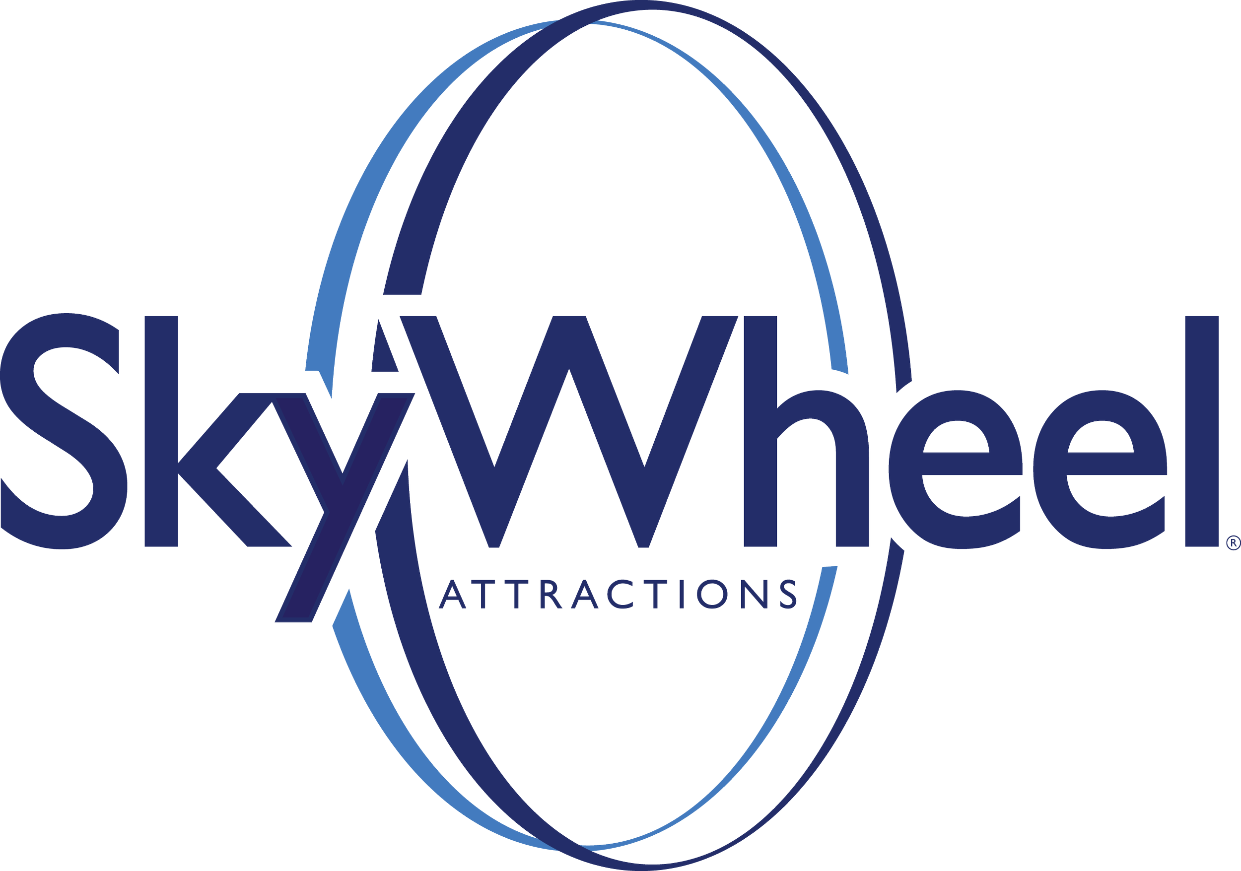 SkyWheel Attractions logo with the word 'SkyWheel' in large blue font and 'Attractions' in smaller font below, featuring a stylized globe with arcs surrounding it.