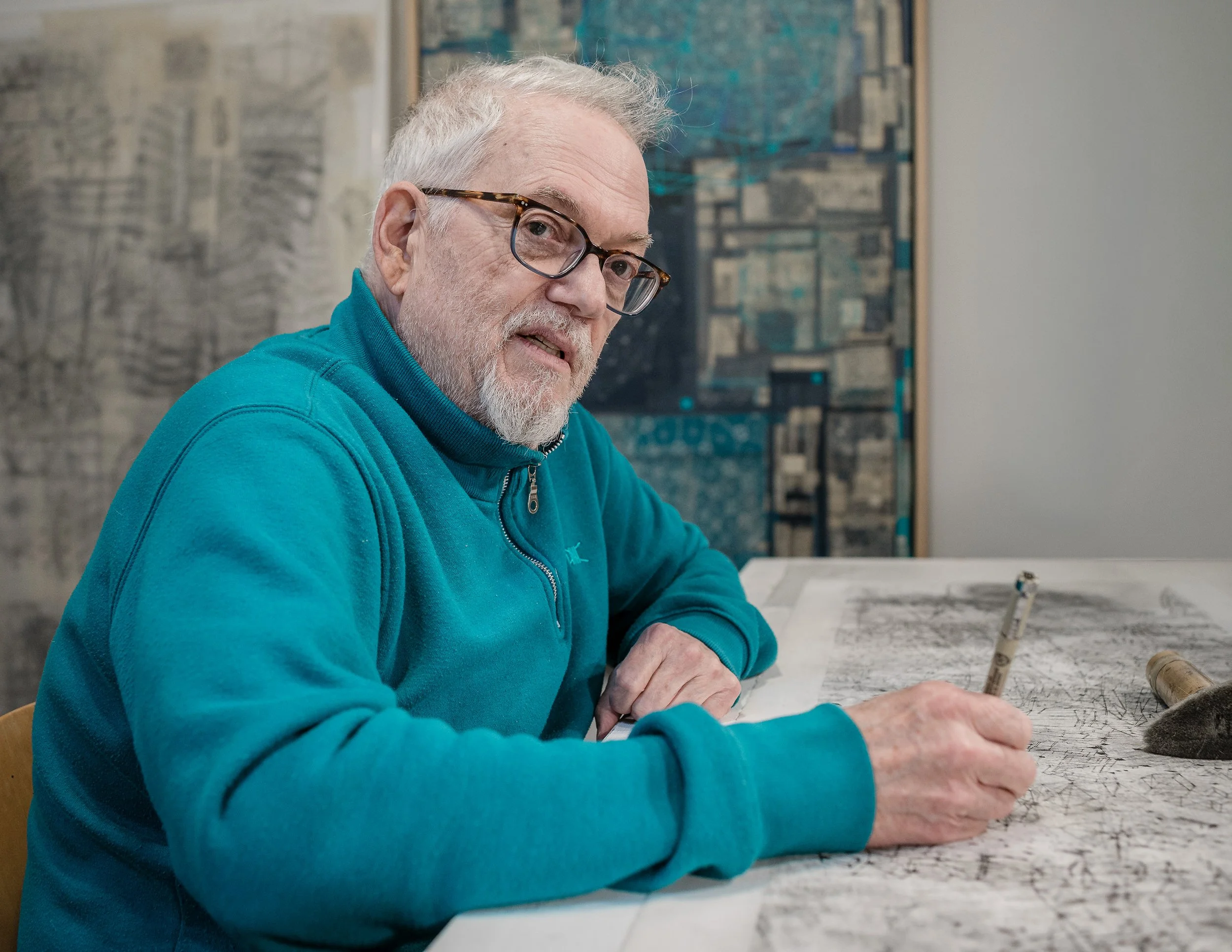 New York City Artist Stephen Talasnik Drawing in His Lower East Side Studio, 2026. Photographer: Eleanor Moseman
