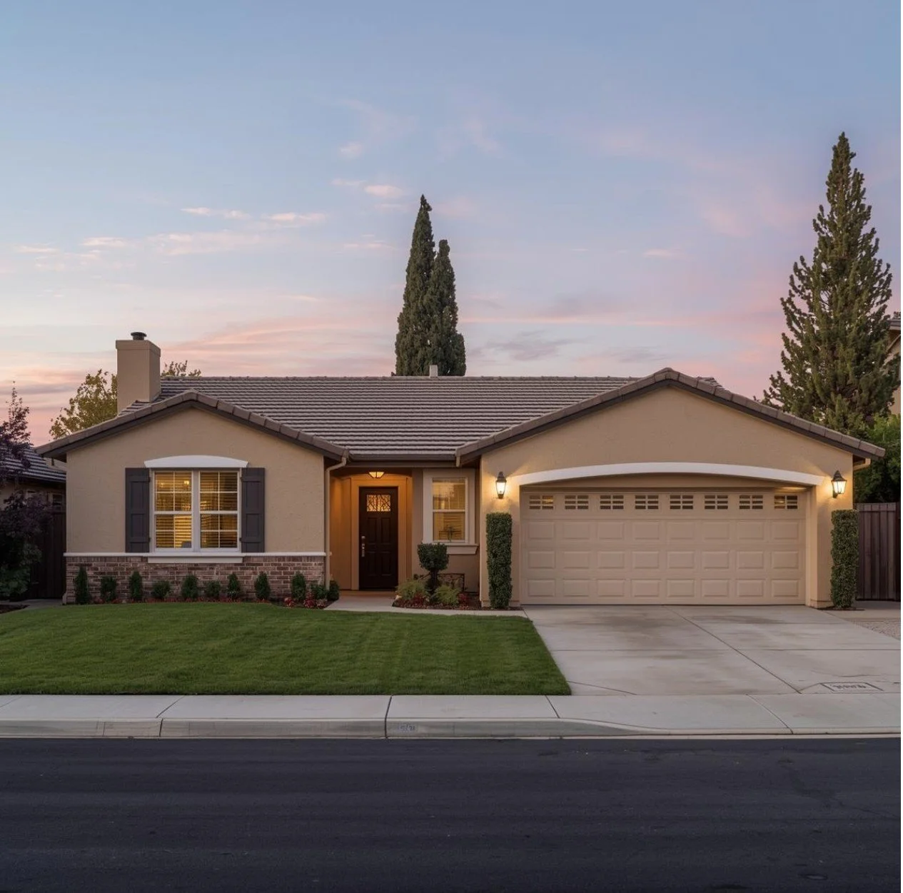 A single-story suburban house with a beige exterior, brick accents, and a brown tiled roof. It has a front porch with a black door, two windows with black shutters, a garage with a closed door, and a well-manicured lawn. Two tall trees are behind the house, and the sky has a pink and purple sunset hue.