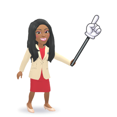 Digital illustration of a woman with long black hair, wearing a cream blazer and red skirt, standing next to a large cartoon hand pointing upward.