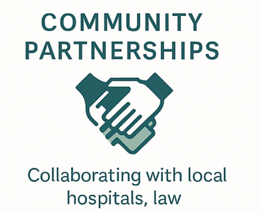 Illustration of two hands shaking above the text 'Community Partnerships' with a subtitle 'Collaborating with local hospitals, law'.