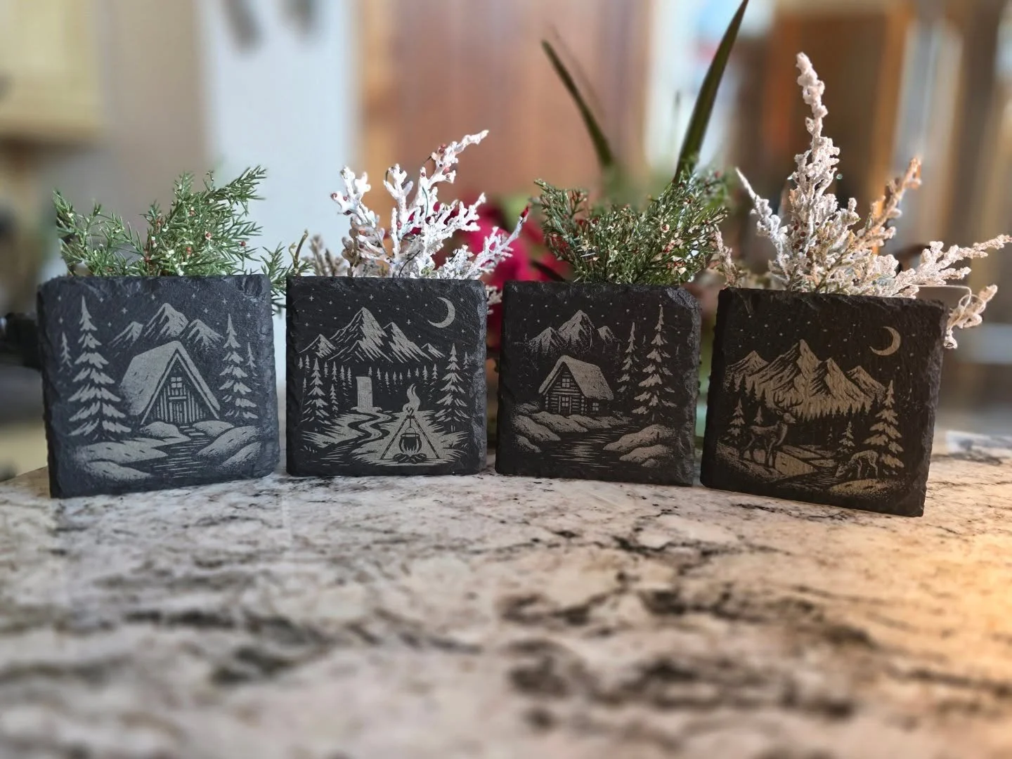 Looking for a White Elephant gift that won&rsquo;t end up in a drawer? ❄️

Our Snowy Mountain Night Coaster Set is engraved with four unique winter mountain scenes and built to be used daily &mdash; not just displayed. Rugged, durable, and designed t