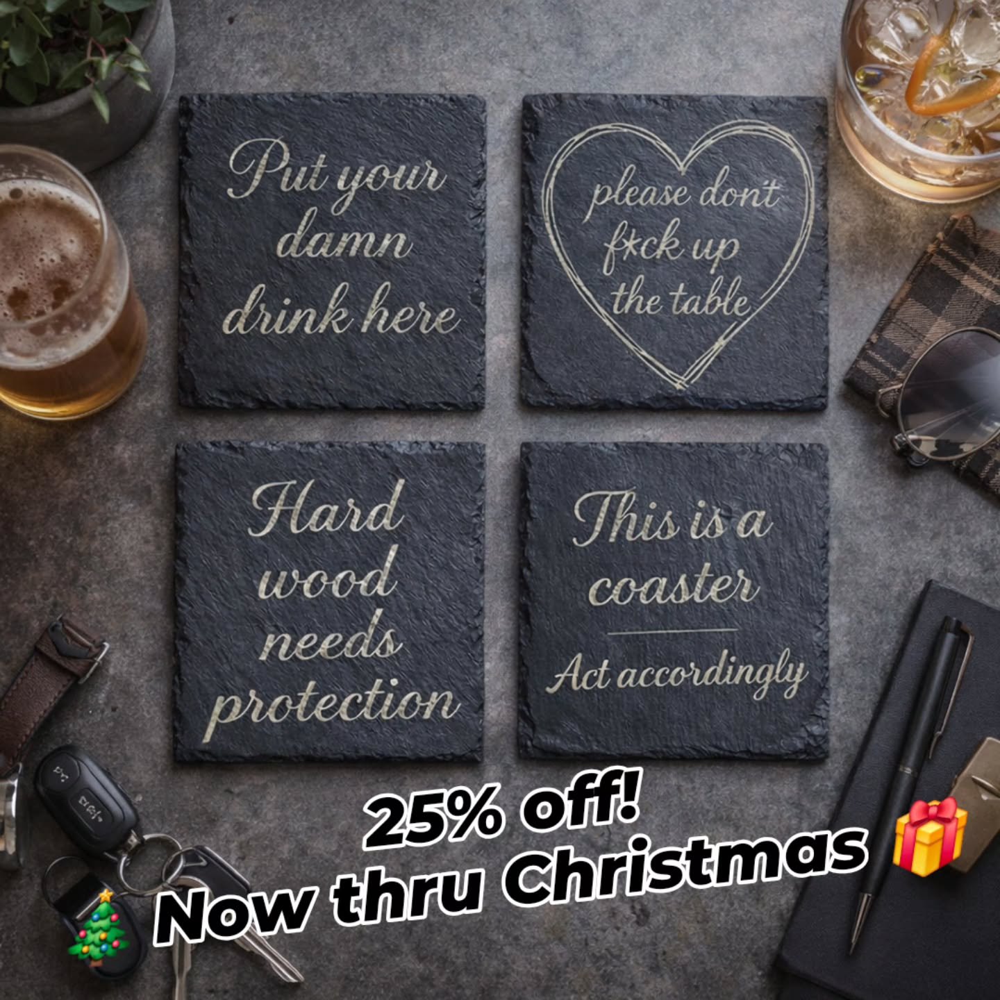 A little attitude.
A lot of class.

These Sassy, Yet Classy slate coasters say what you&rsquo;re thinking &mdash; without being tacky.
Bold enough for cocktails.
Polished enough for guests you&rsquo;re trying to impress.

Perfect for girls&rsquo; nig