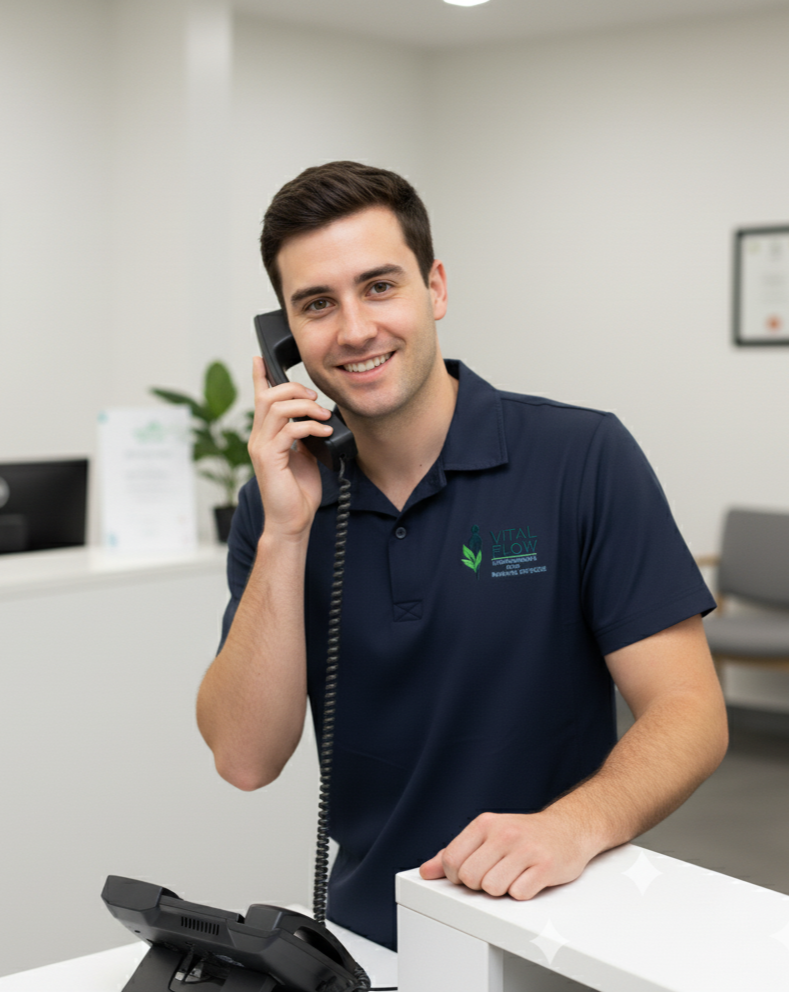 A young man in a navy blue polo shirt with a logo, smiling and talking on a landline phone in an office reception area.