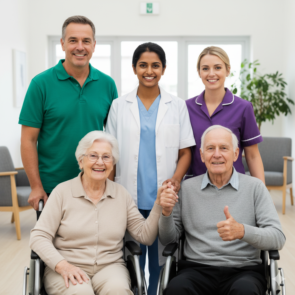 A group of five diverse healthcare professionals, including senior patients in wheelchairs, smiling in a bright medical facility.