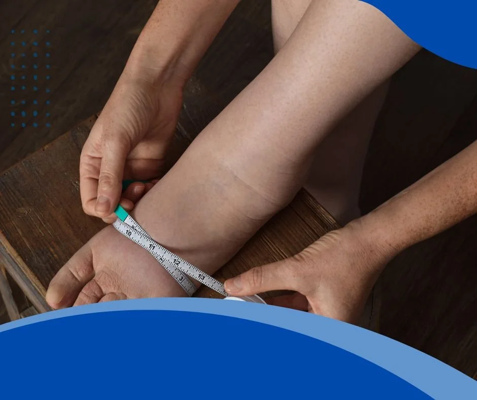 Someone measuring a person's forearm with a tape measure.