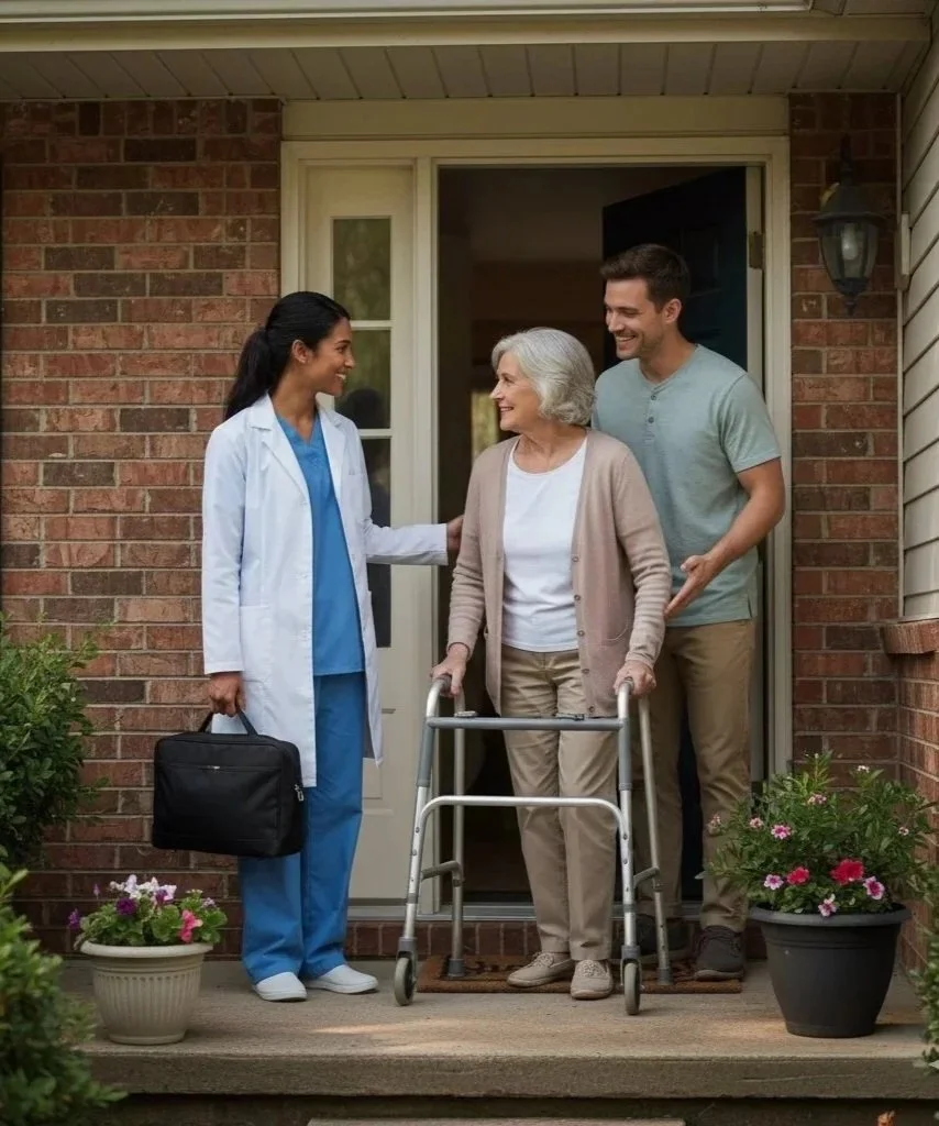A healthcare professional with a medical bag greets an elderly woman using a walker, at her home entrance, as her son stands beside her.