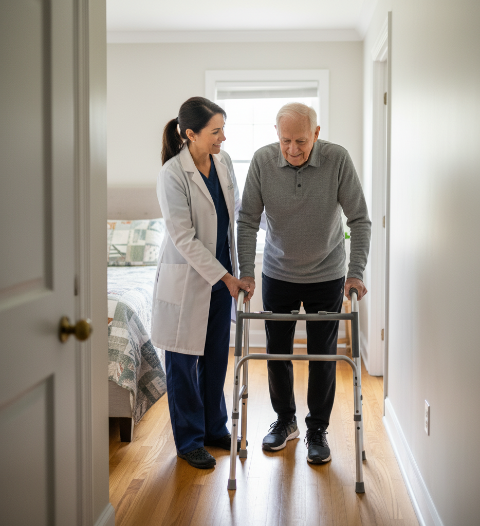 A nurse helping an elderly man walk with a walker in a bedroom.