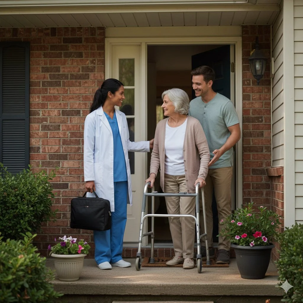 A healthcare worker greeting an elderly woman with a walker on her porch, with a man standing behind her. The scene takes place outside a brick house with potted plants and a welcoming atmosphere.