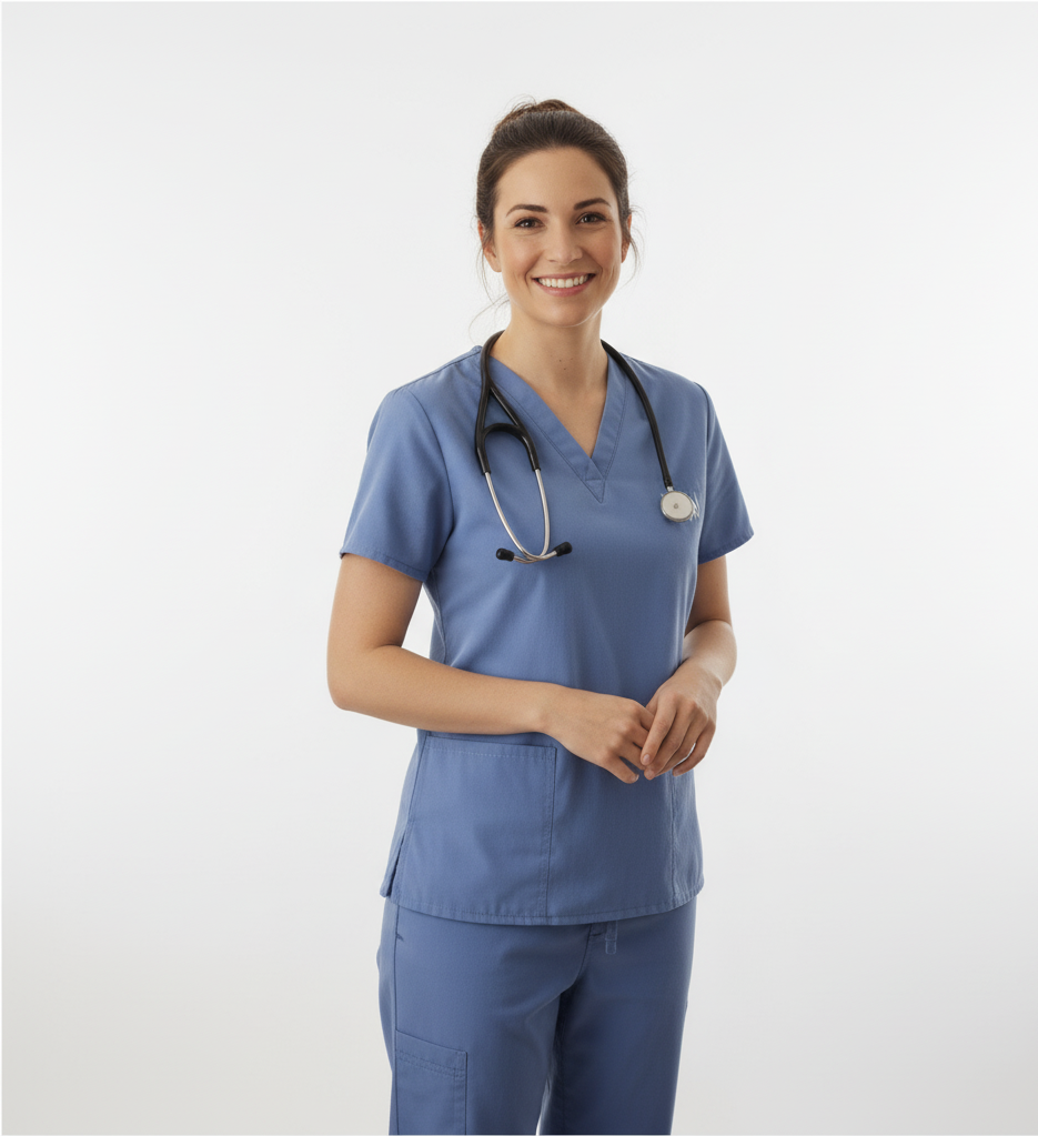 A young female nurse wearing blue scrubs with a stethoscope around her neck, standing against a plain white background, smiling.