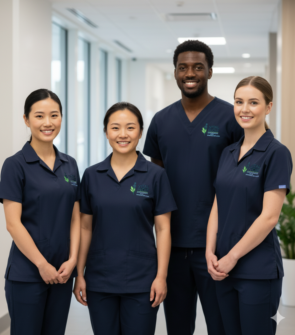 Four healthcare professionals smiling and standing together in a hospital corridor, wearing navy blue uniforms with a logo.