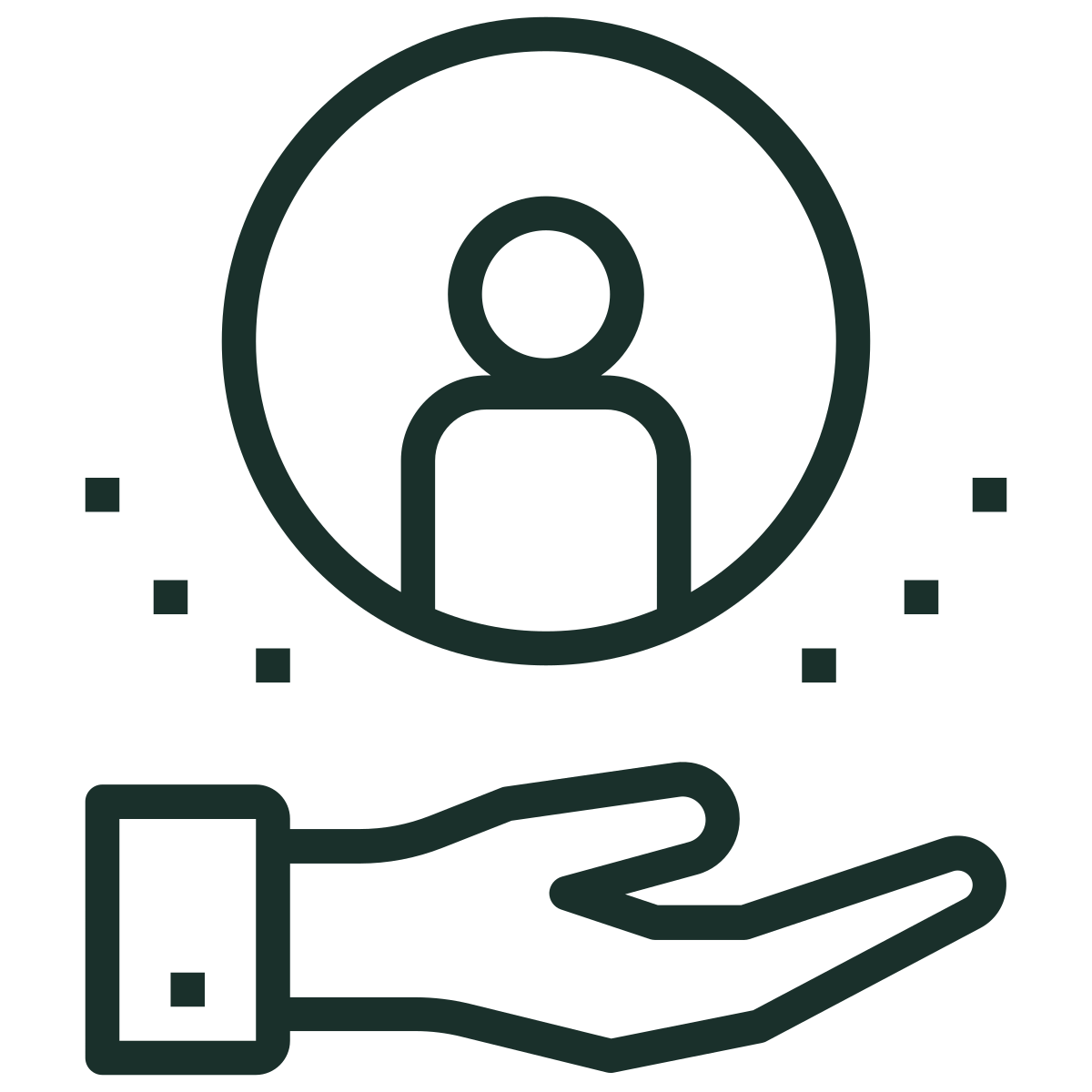 Outline icon of a hand holding a user profile symbol, suggesting support or service for users.