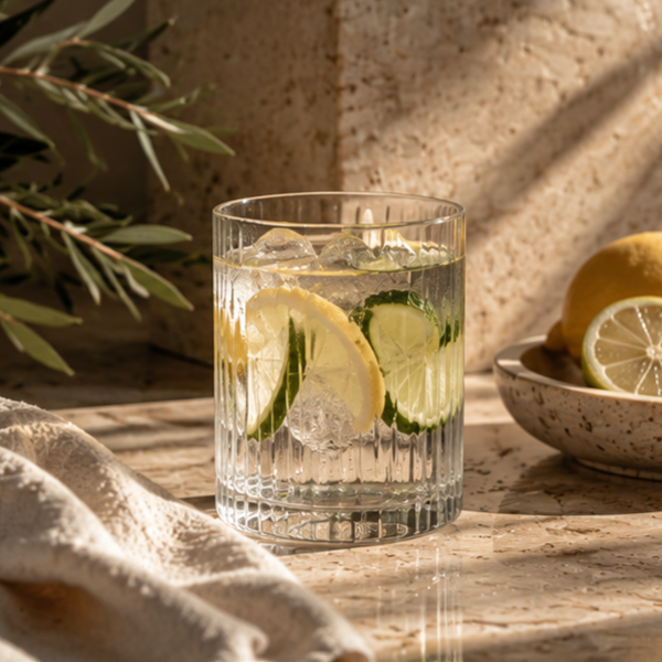 Glass jar filled with water and lemon slices on a countertop.