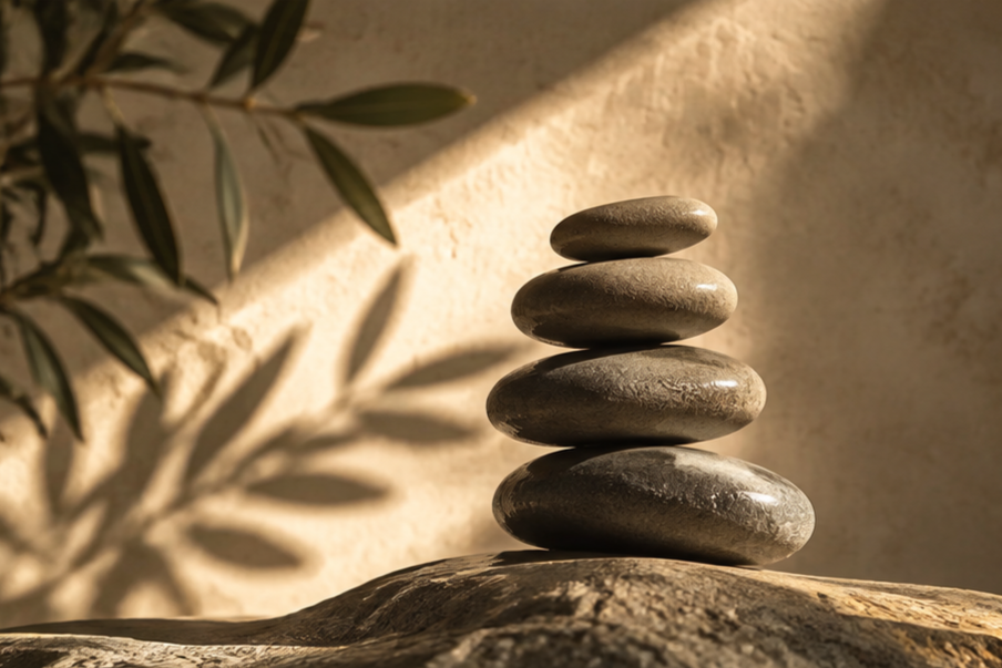 Stacked smooth stones arranged vertically, symbolizing balance and stability.
