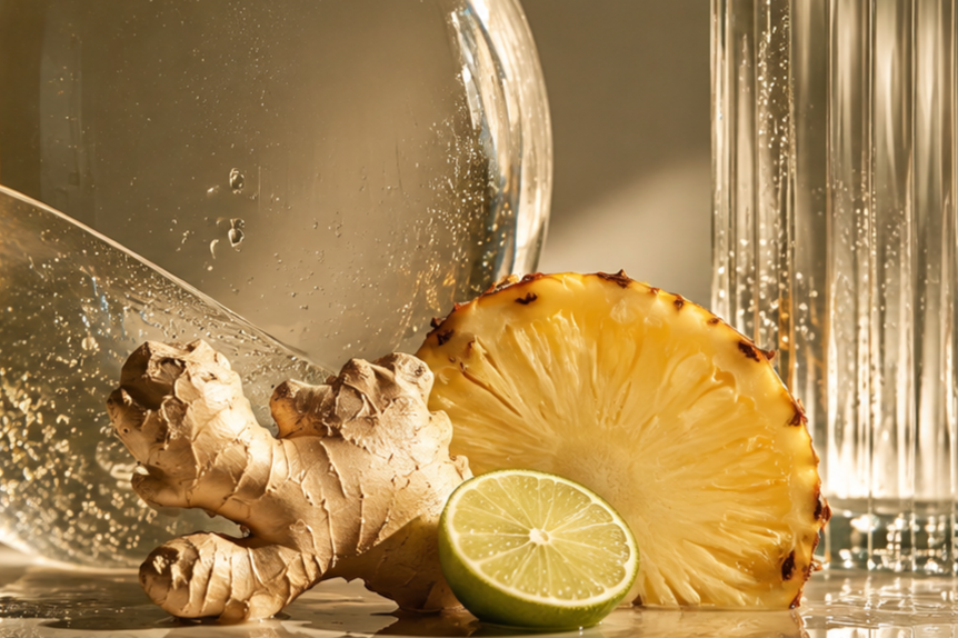 Hydration and wellness still life with glass water bottle, ginger root, pineapple, and lime.
