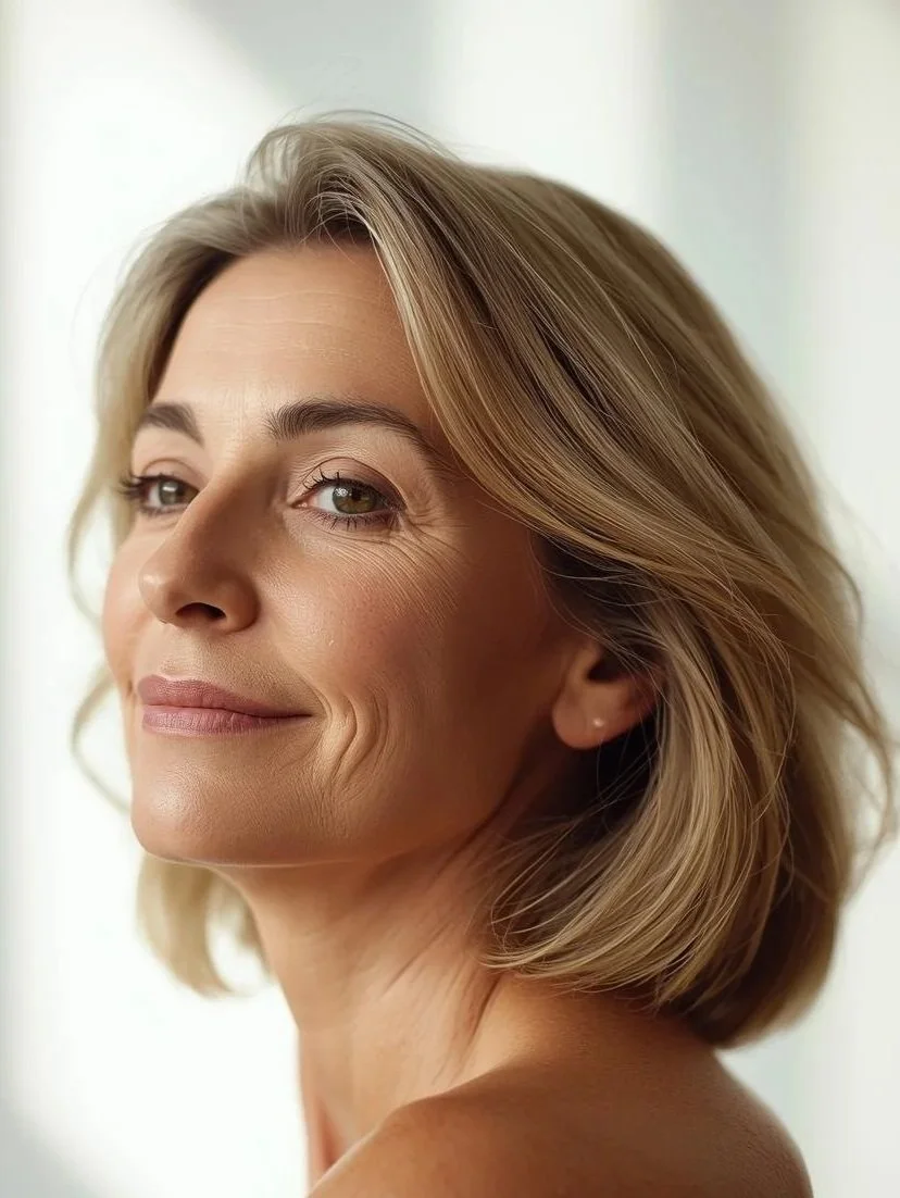 Smiling 50 year old woman with hair swept back and naturally healthy looking skin