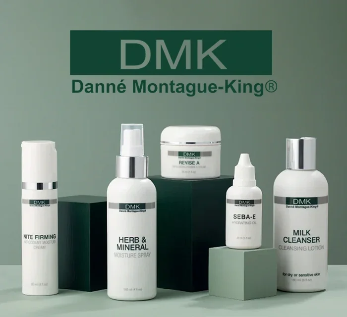5 DMK products in clean white bottles