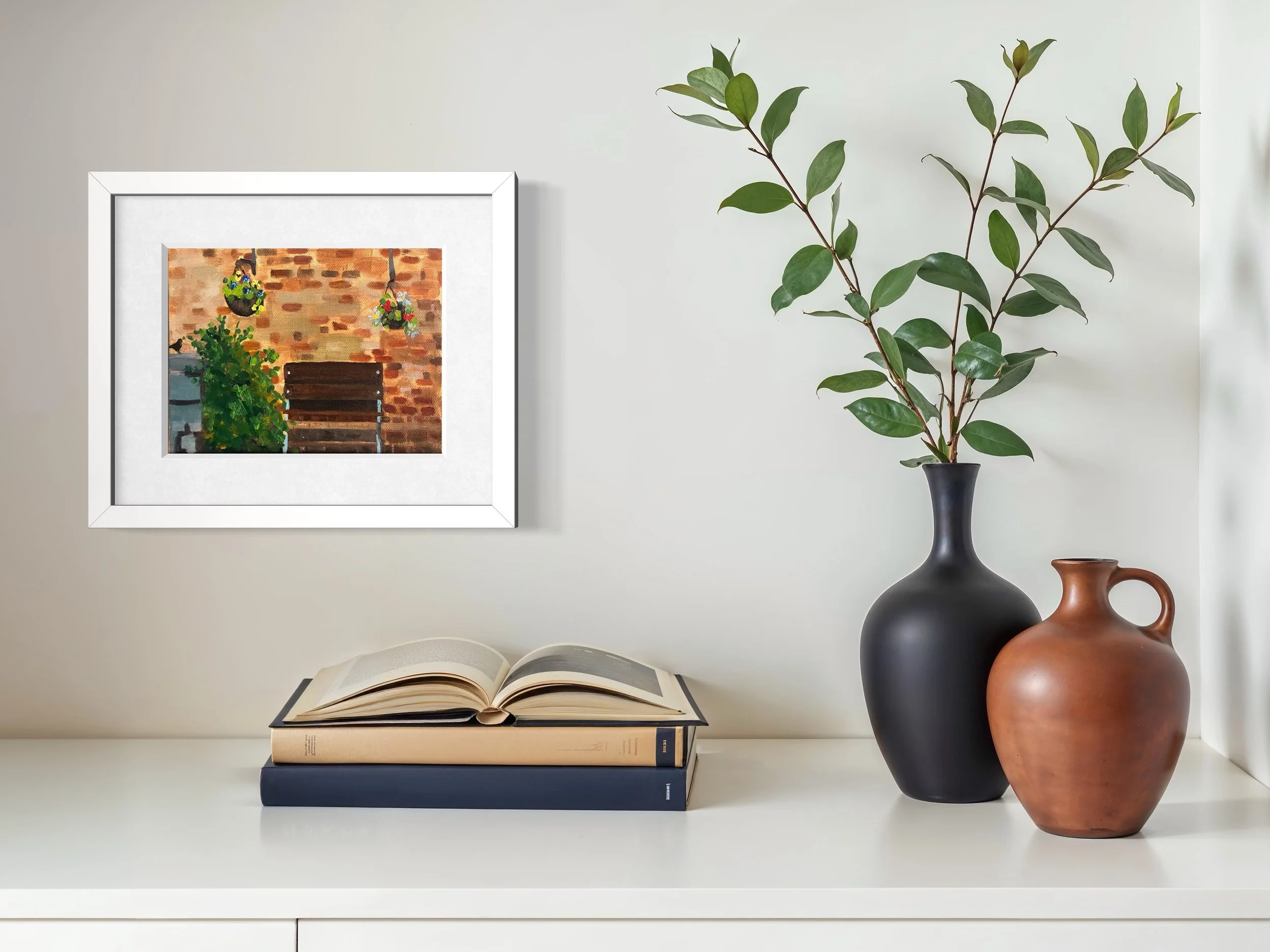 Interior scene featuring a framed oil painting of hanging plants against a brick wall. In the foreground the gardener's bench waits for them to take a well-deserved moment's rest.