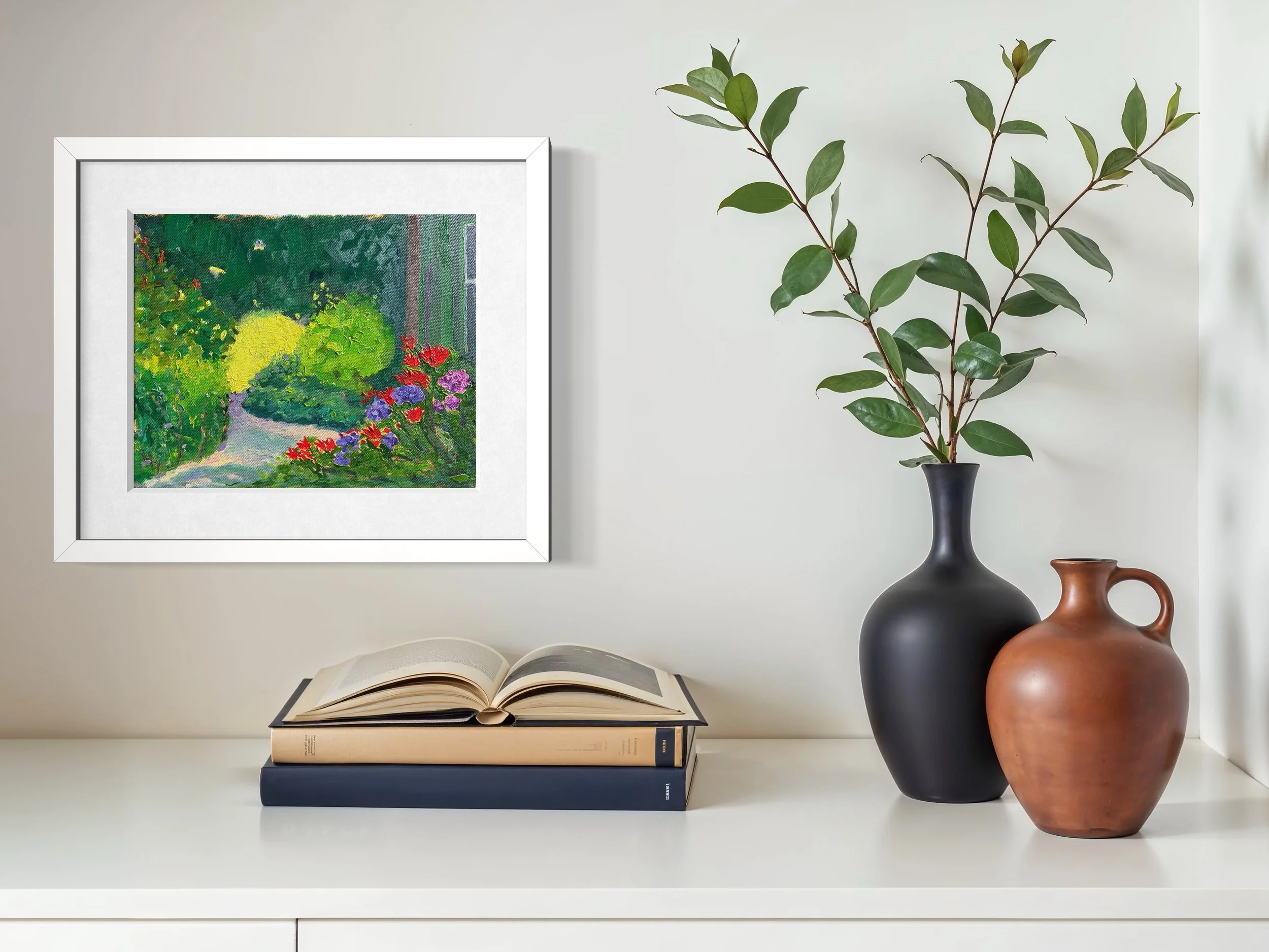 Interior scene featuring a framed colourful garden landscape painting in oil. One bush, catching the early morning light, glows bright yellow - creating an invitation to draw near in the stillness of this sunny day.