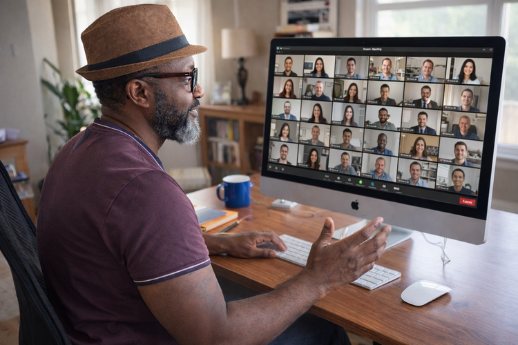 Emmanuel speaking to a large audience on Zoom