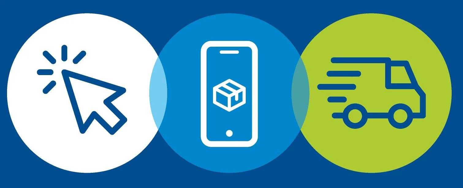 Icons representing online shopping, mobile app, and delivery truck.