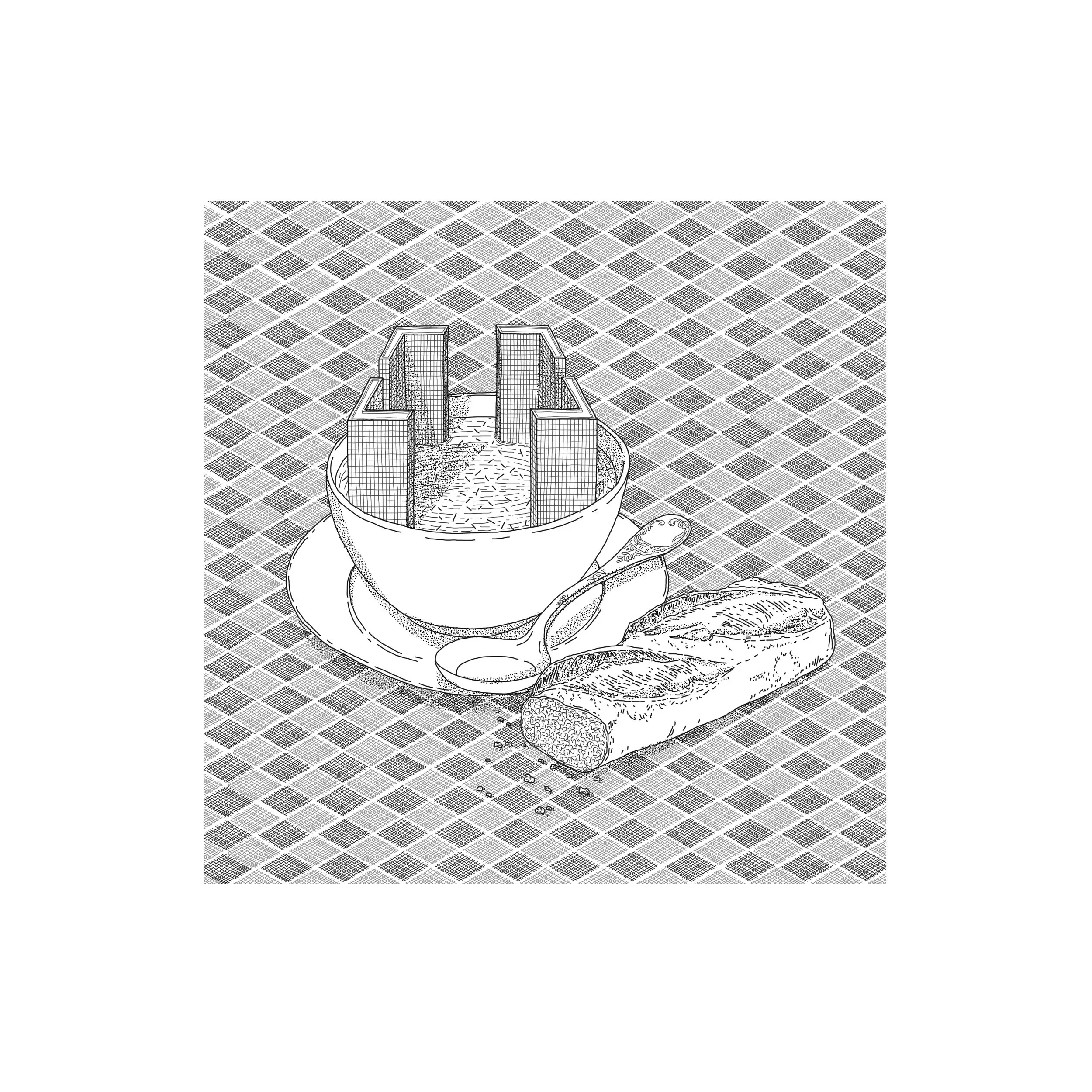 A bowl of noodle soup with chopsticks, a spoon, and a piece of bread on a checkered tablecloth.