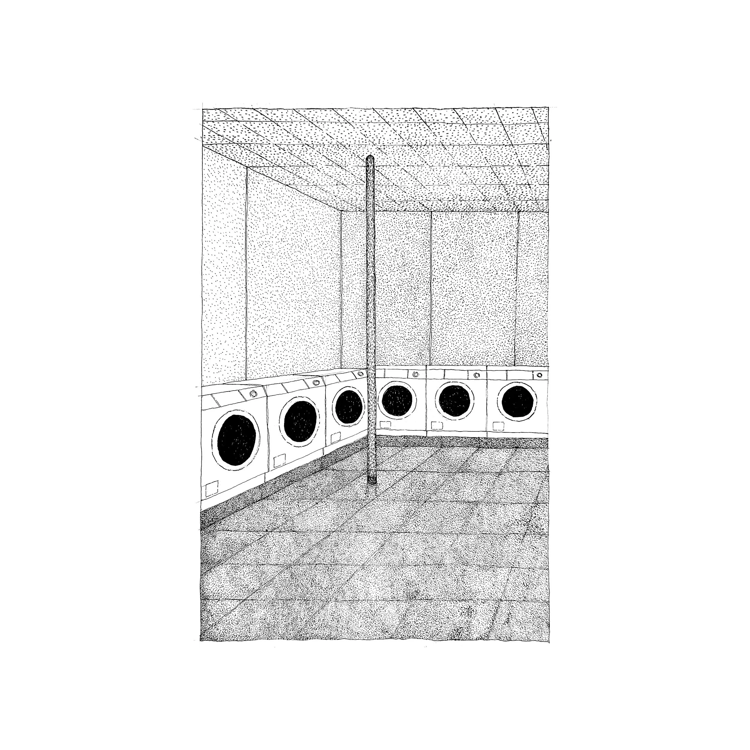 Line of washing machines in a laundromat with a central pole
