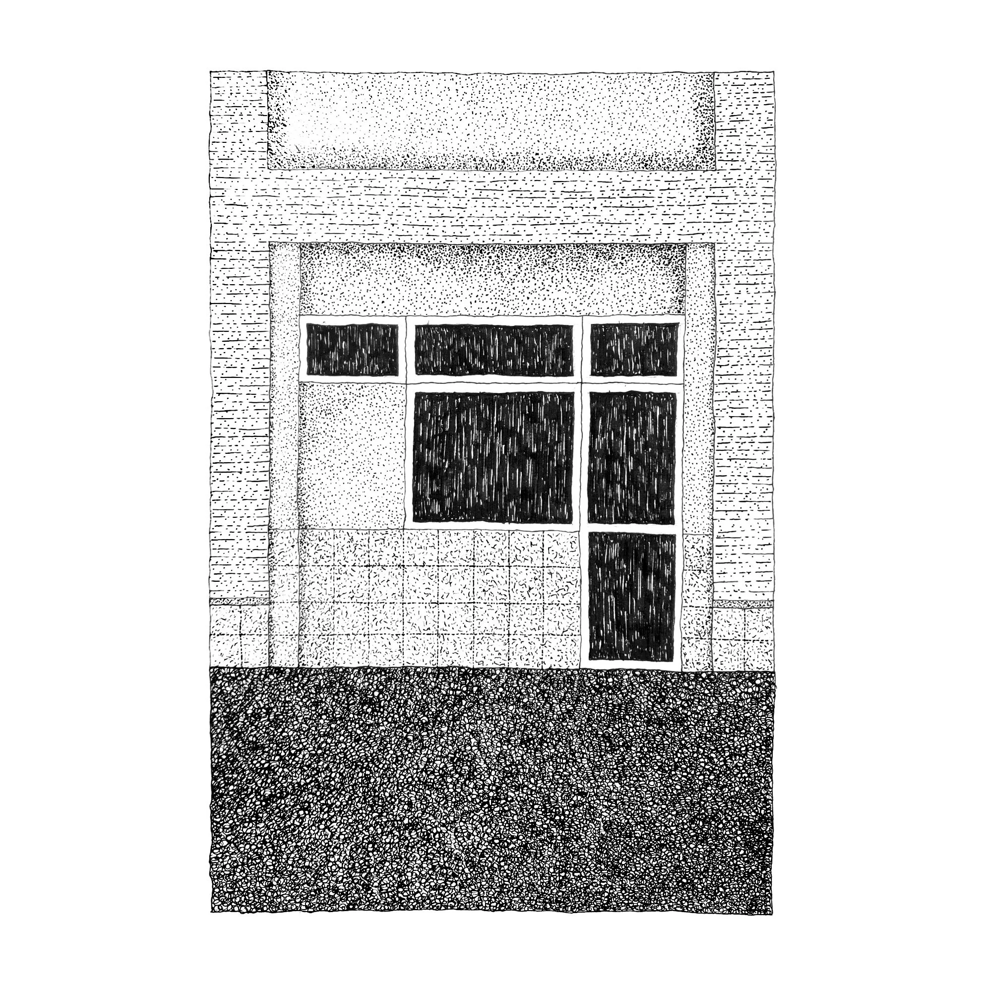 Black and white drawing of a building entrance with a garage door and window panels, surrounded by brick and tile walls, on a textured ground surface.