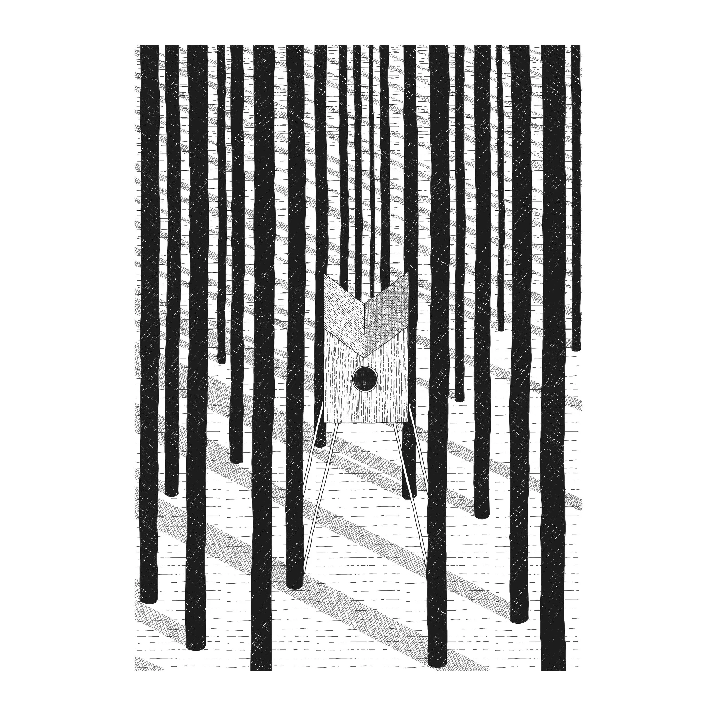 A black and white drawing of a birdhouse hanging among tall trees with narrow trunks in a forest.