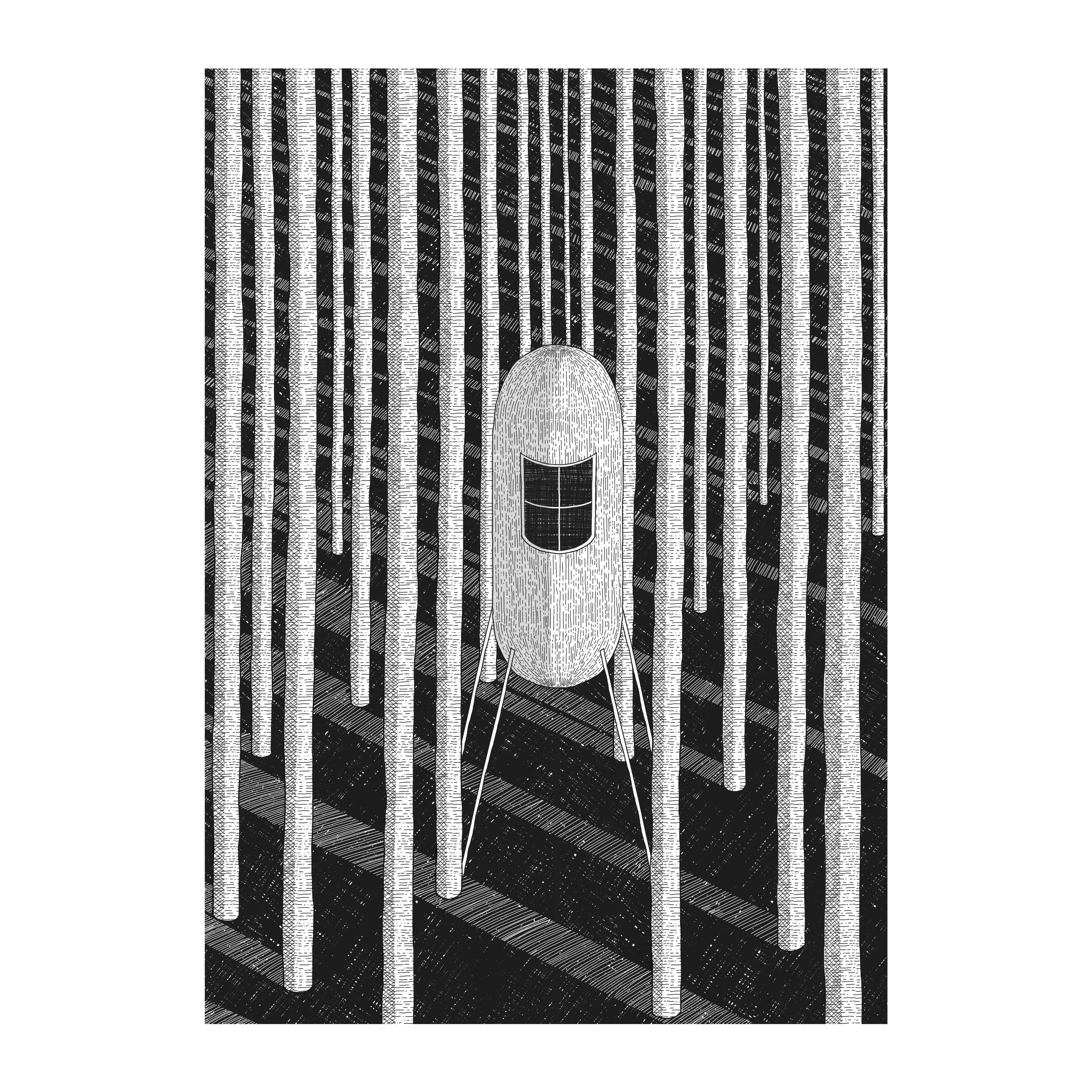 A whimsical illustration of a vintage camper with a smiling face, standing in a forest of tall, thin trees with striped bark.