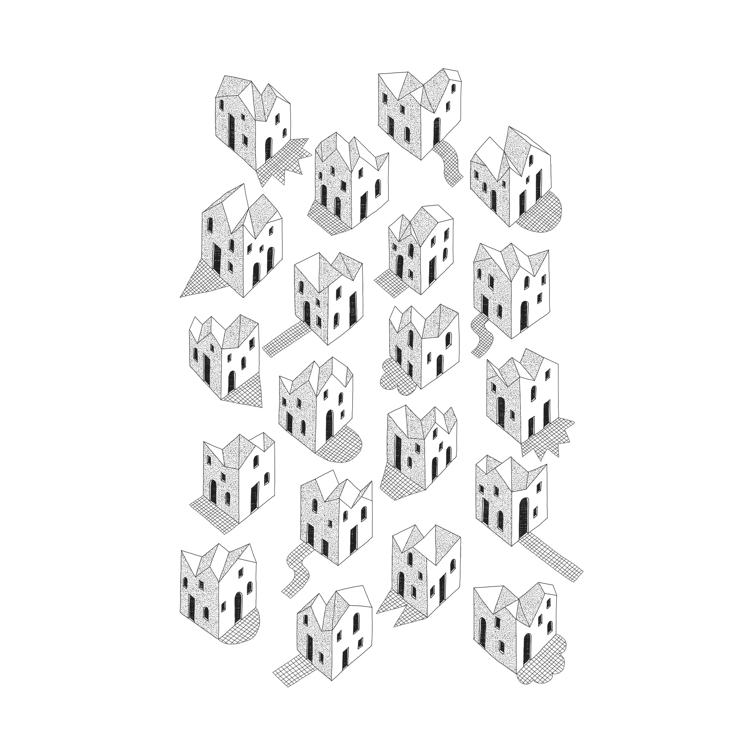 Black and white isometric illustration of multiple houses with different roof styles and small pathways connecting some houses.