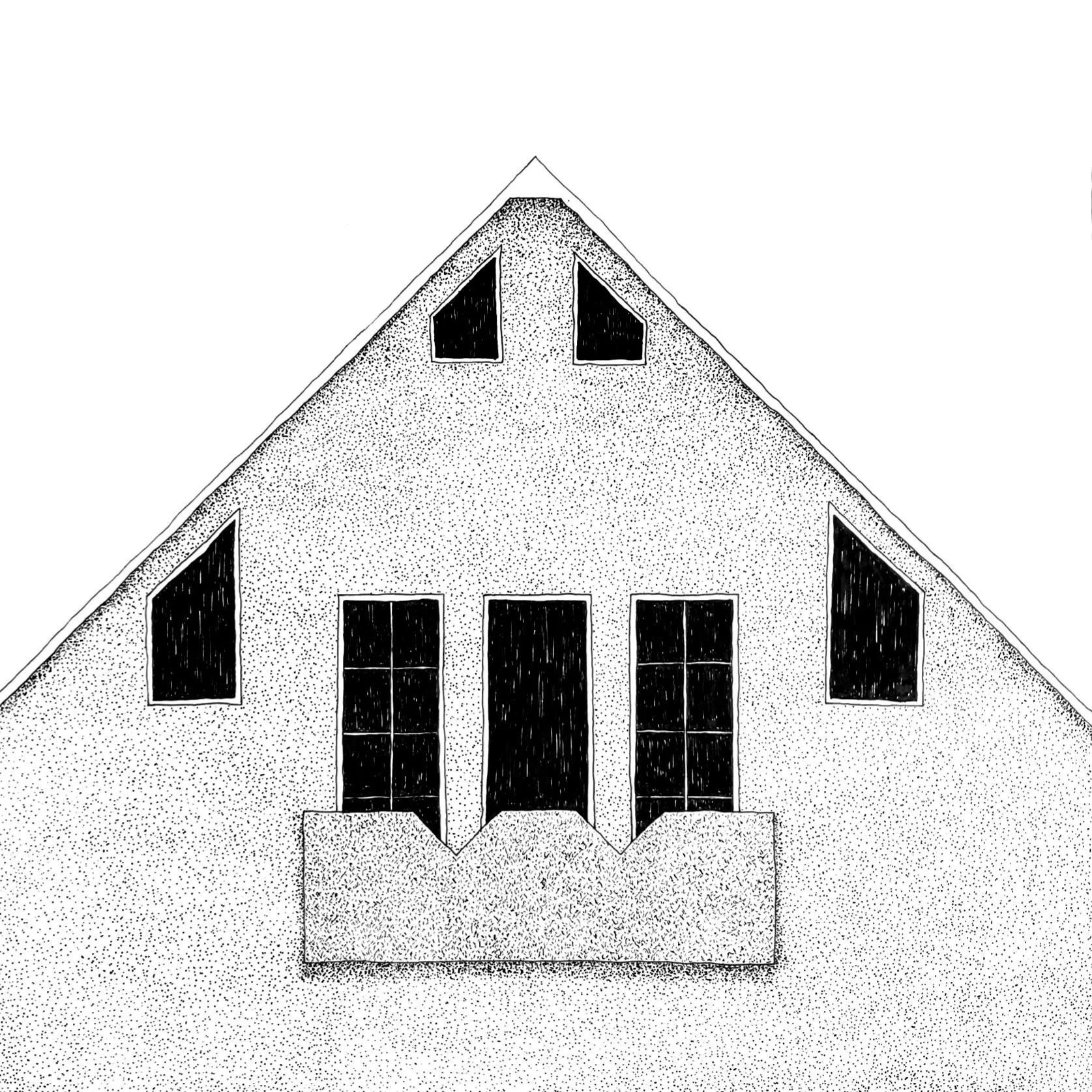 Black and white drawing of a modern house with multiple triangular and rectangular windows and a balcony.