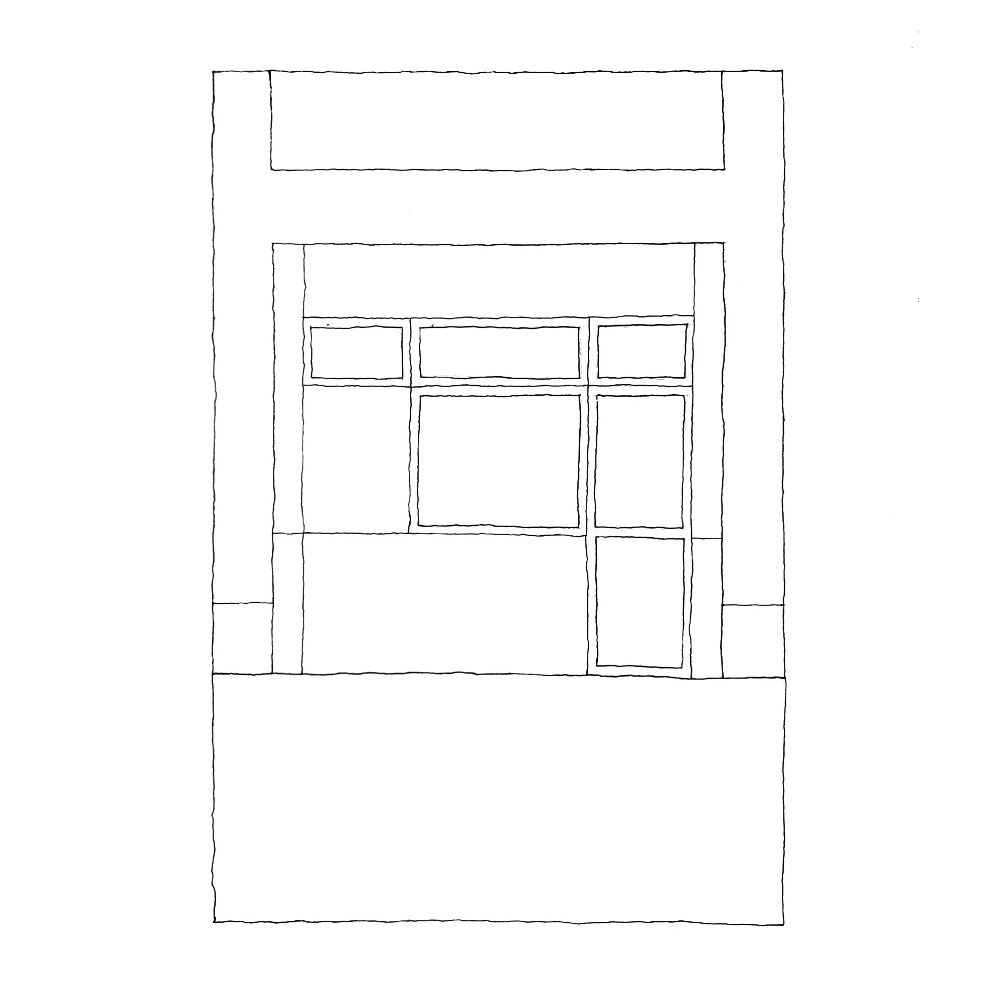 Line drawing of a storefront window with multiple panes and a small door on the right side.