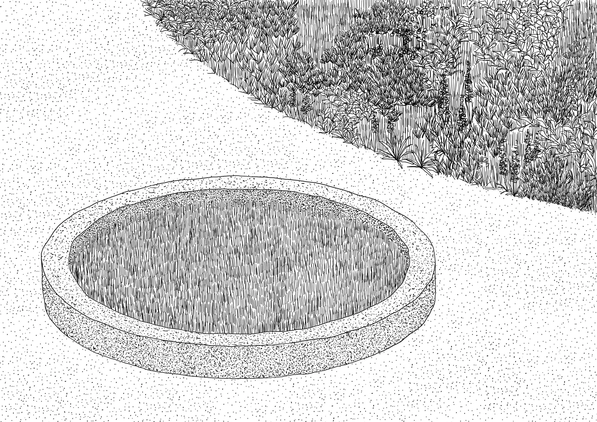Line drawing of a round stone well in a garden, with dense bushes and plants in the background.