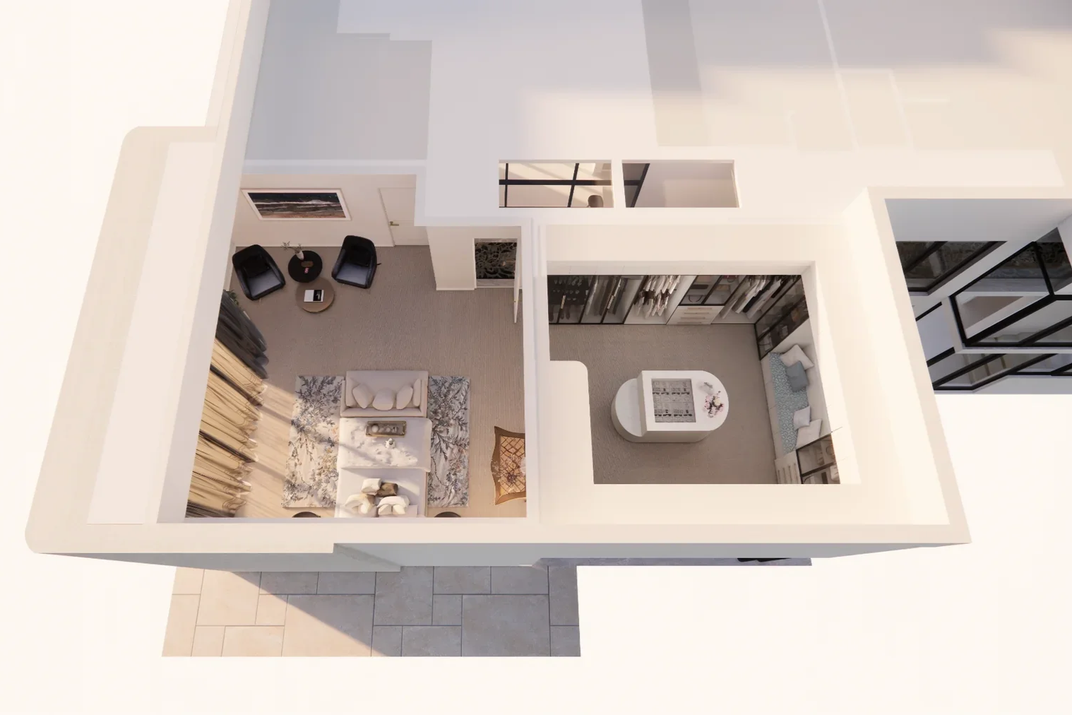 Bird’s-eye render of master suite showing bedroom and walk-in robe layout for Kiln Project in Perth