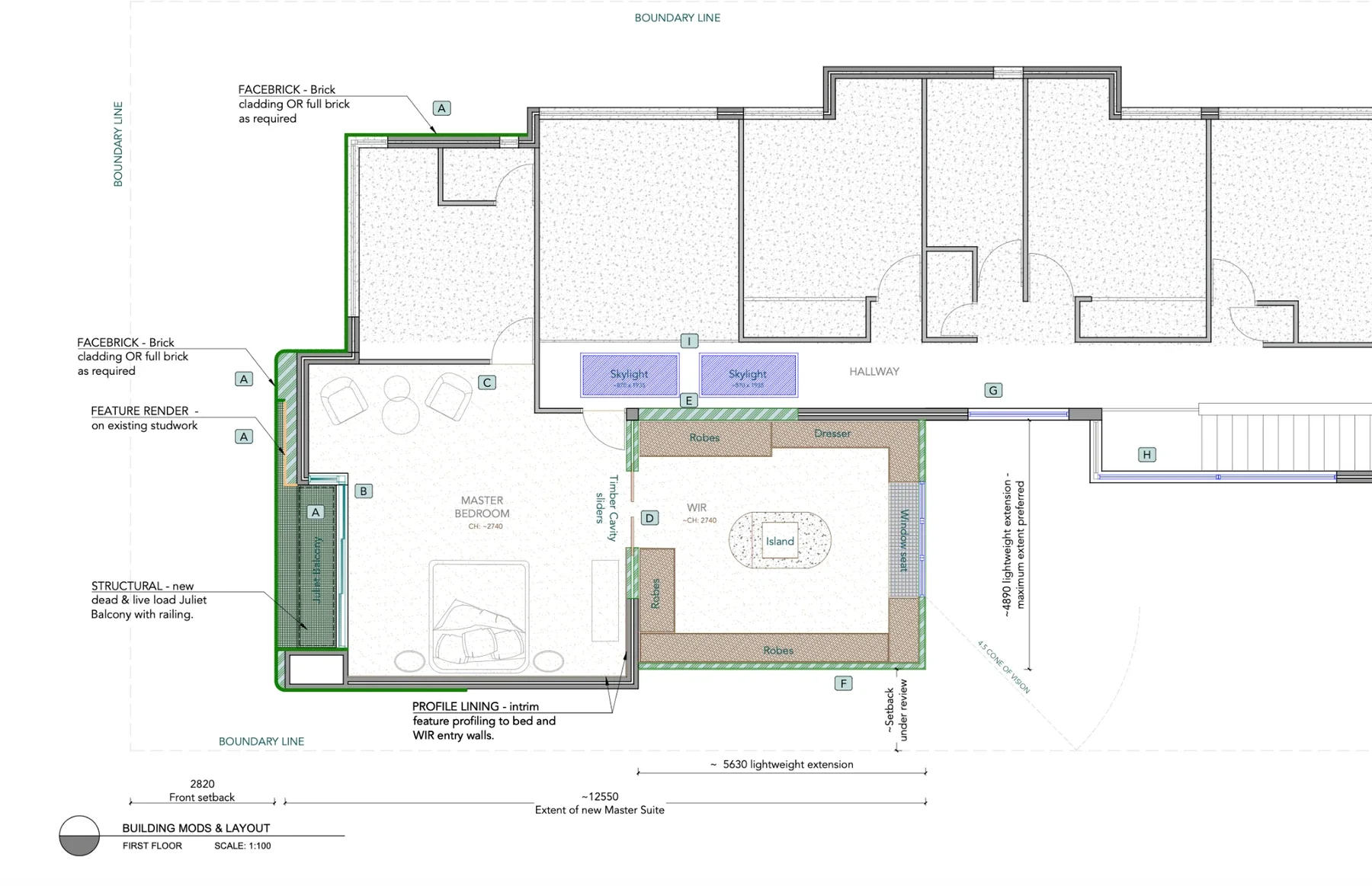 Master suite layout plan showing bedroom, walk-in robe and extension design for Kiln Project in Perth