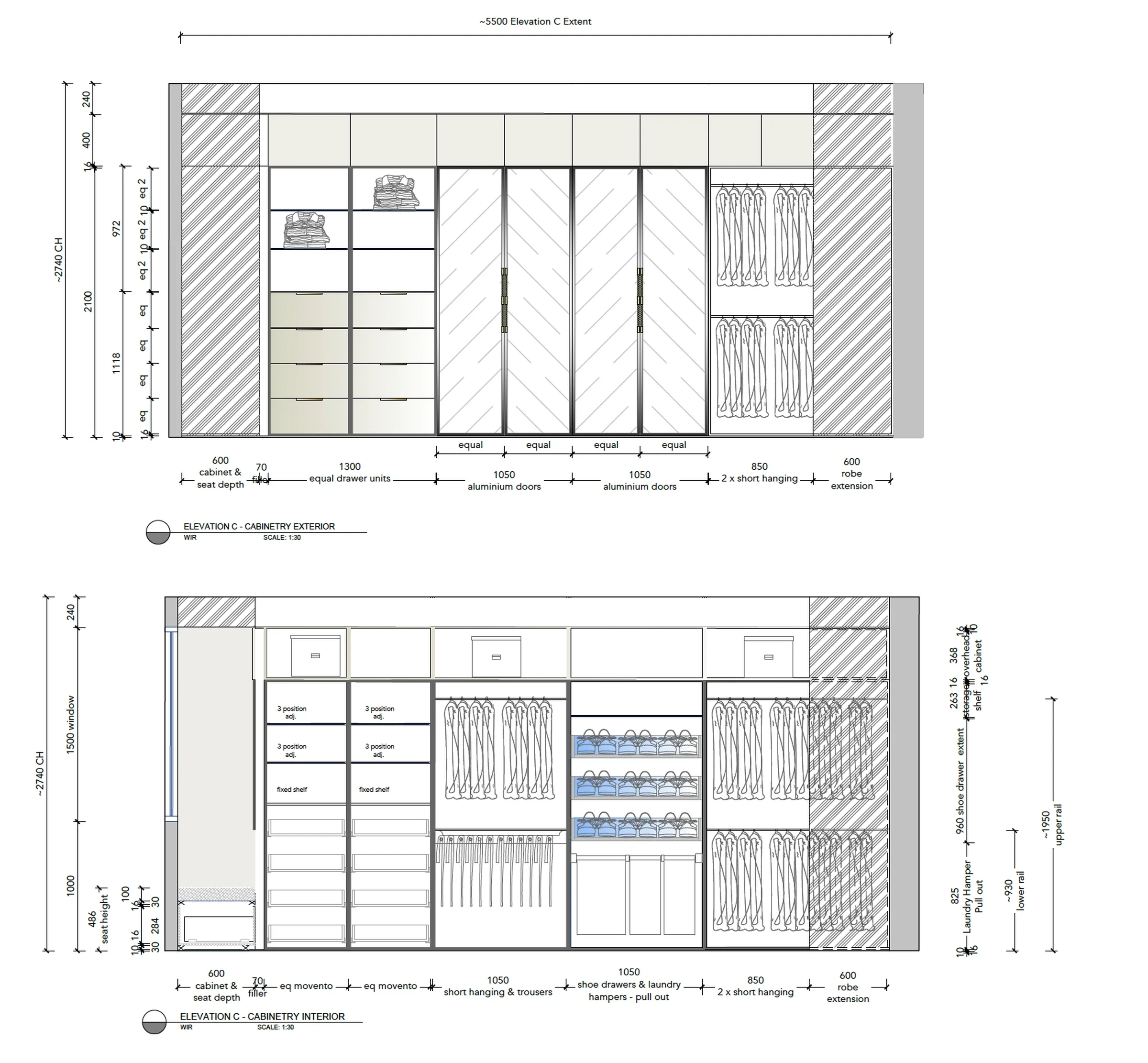 Walk-in robe joinery elevations for residential renovation in Perth