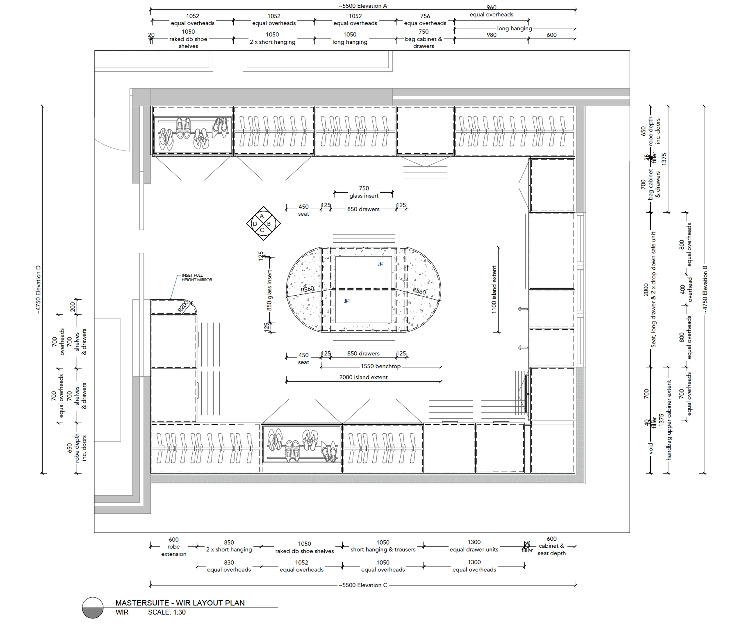 Walk-in robe layout plan showing joinery configuration and storage design for residential renovation in Perth