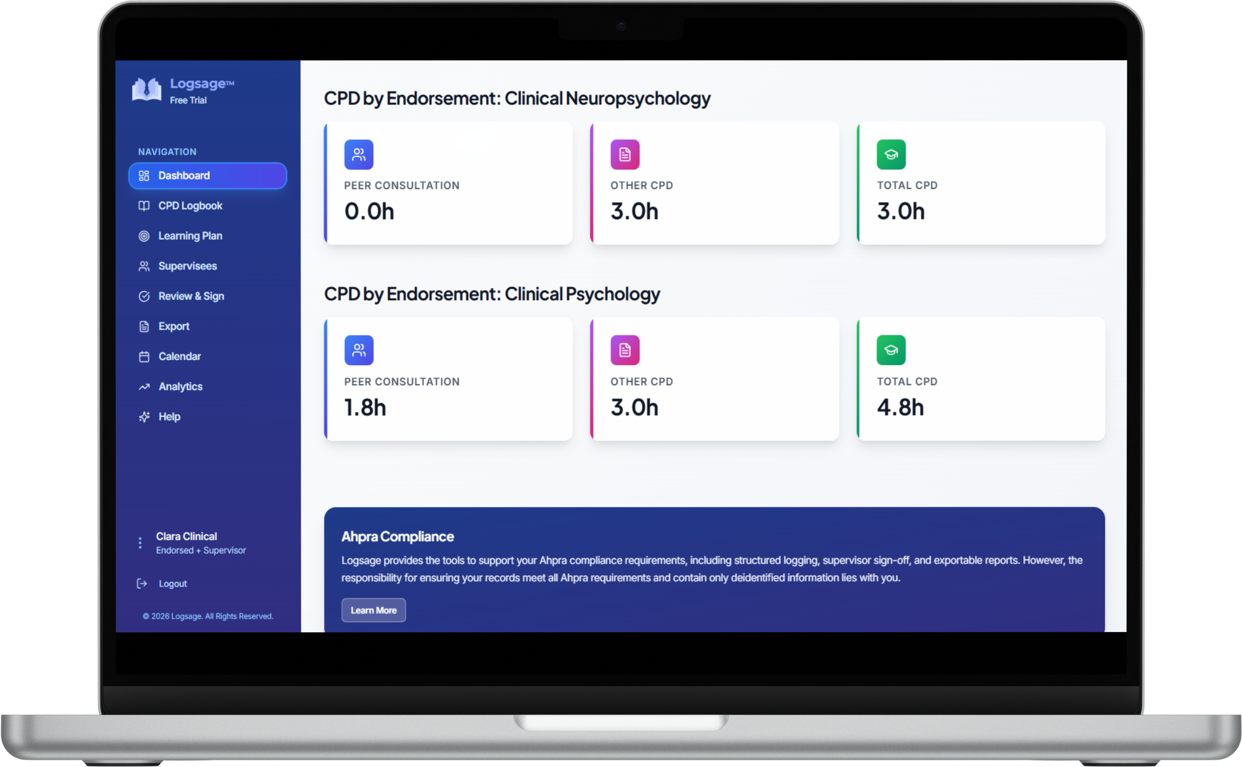 Logsage - The Smart Ahpra Logbook for Australian Psychologists - Area of Practice Endorsement Dashboard 2.png