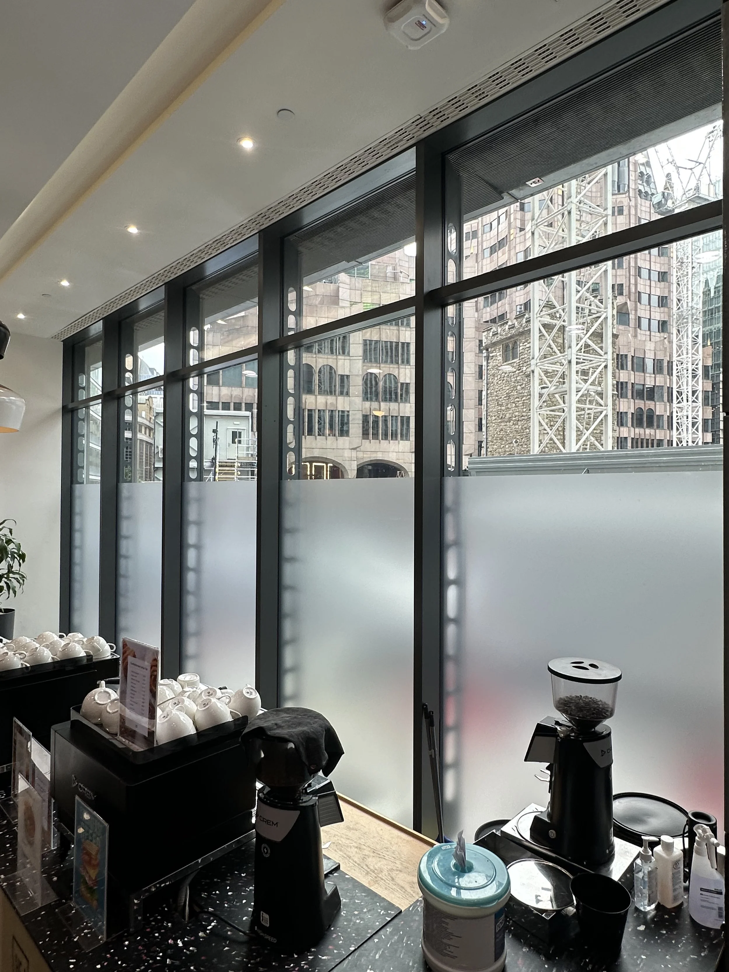 exterior windows with frosted window film.