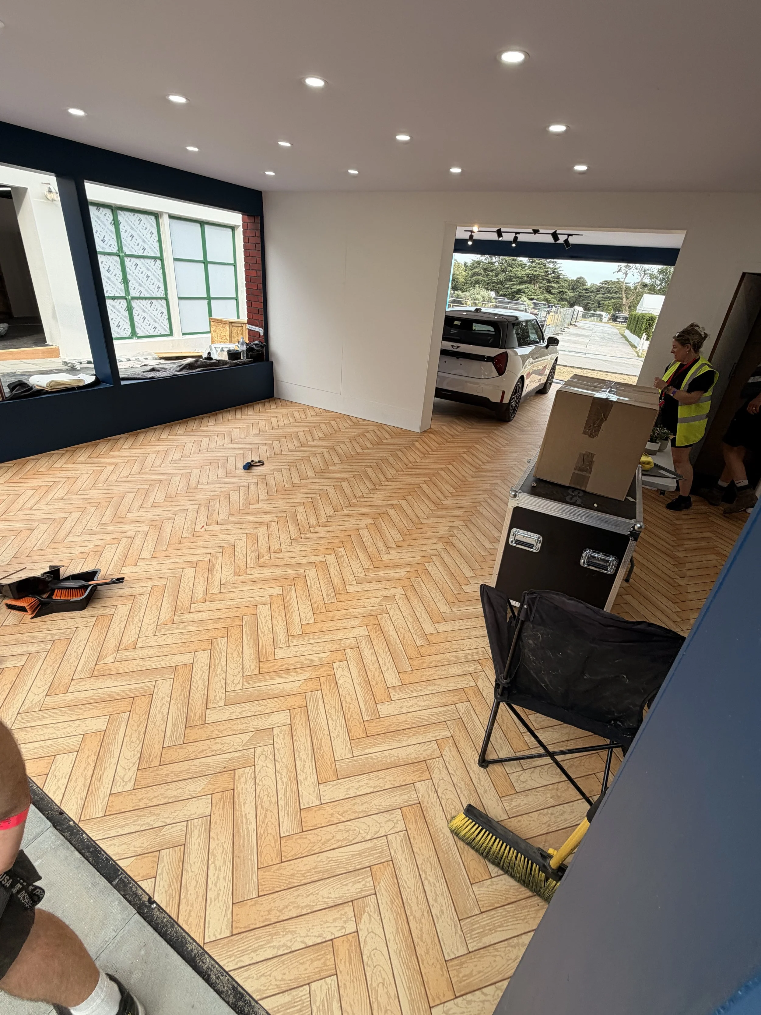 floor wrapped in temporary self adhesive vinyl for the Paul smith mini collaboration at FOS Goodwood.