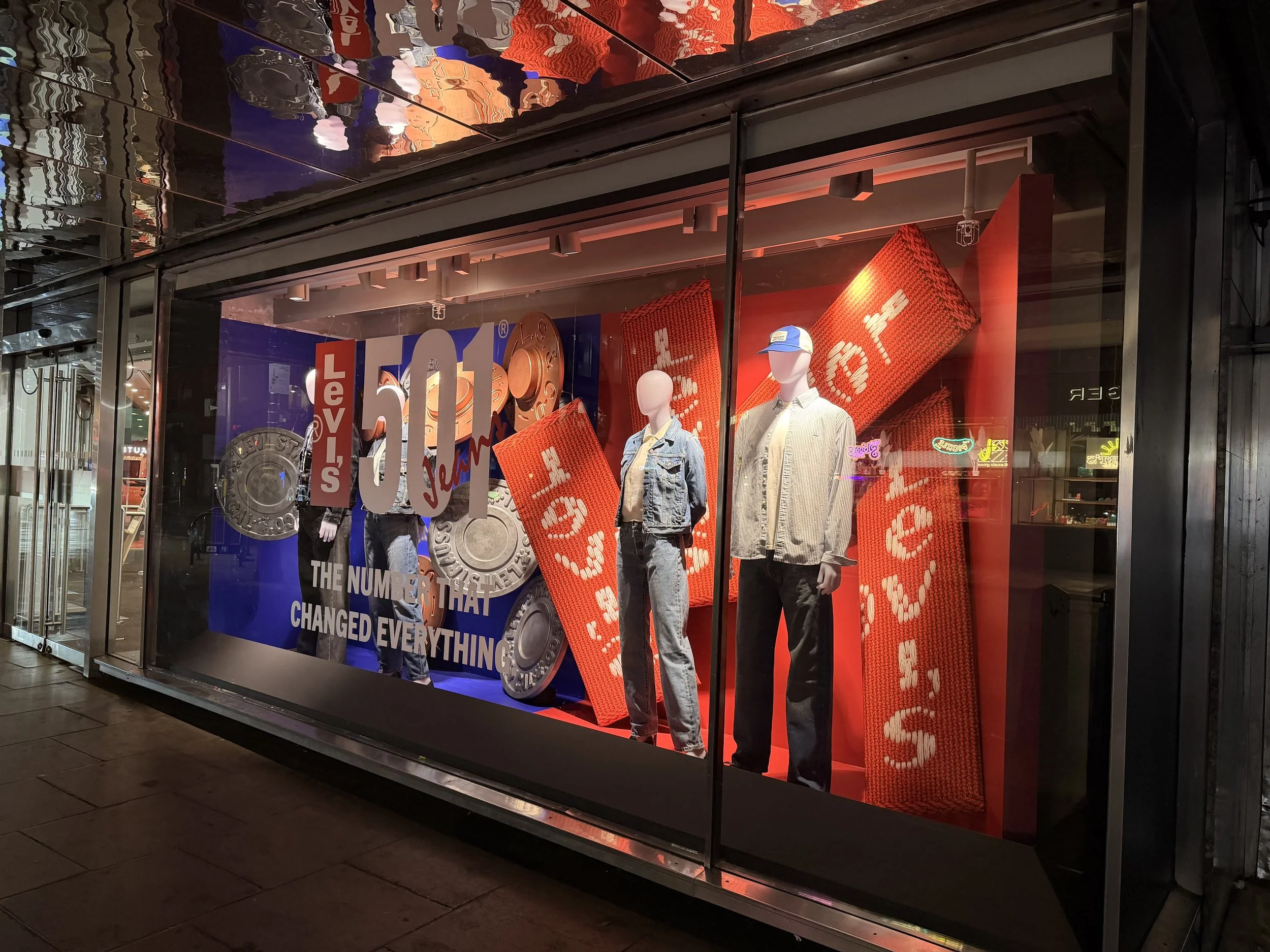 John Lewis storefront display for Levi jeans.