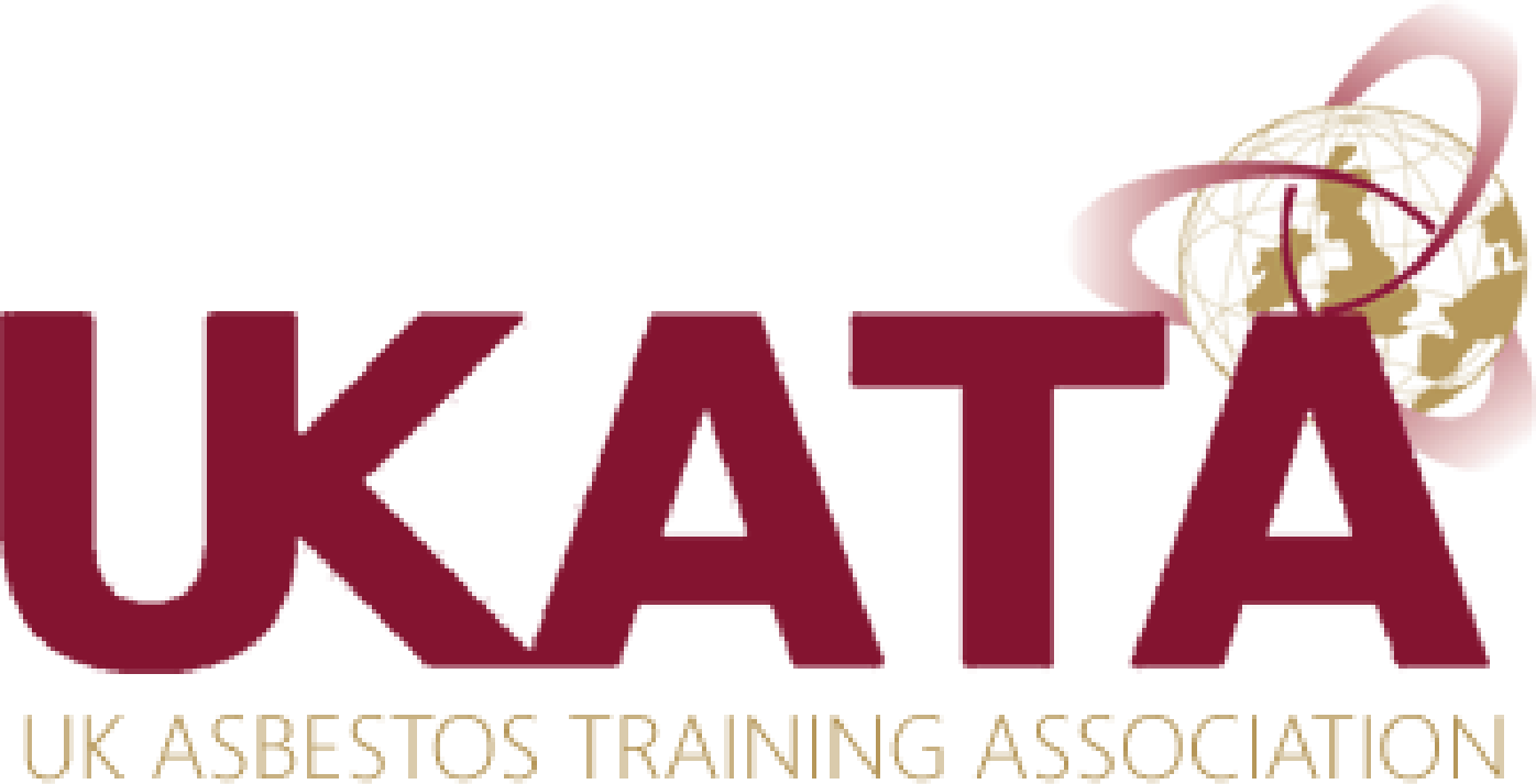 Logo for UK Asbestos Training Association with the word 'UKATA' in large maroon letters and a beige decorative ball with ribbon flying around in the top right corner.