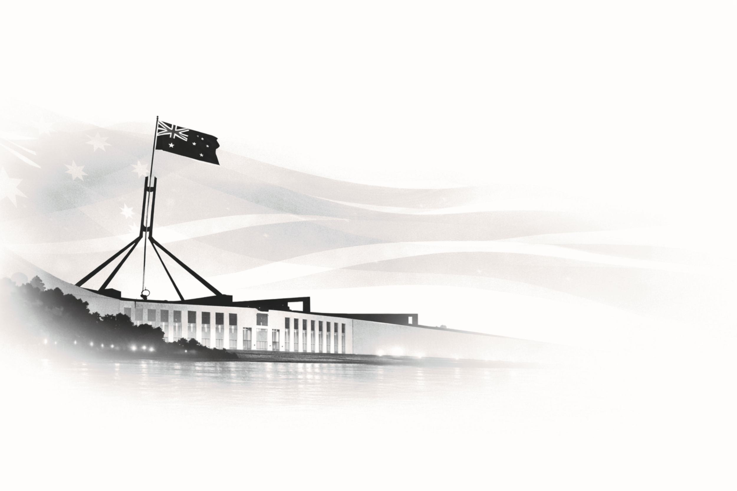 Black and white illustration of the Australian Parliament House with a flag on top, water in the foreground, and subtle star and flag patterns in the background.